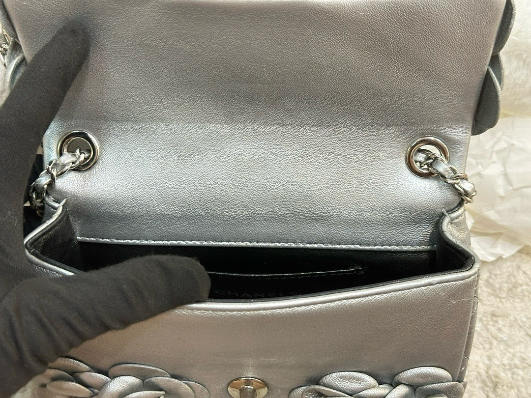 Chanel Mini Camellia Lambskin Shiny Silver SHW