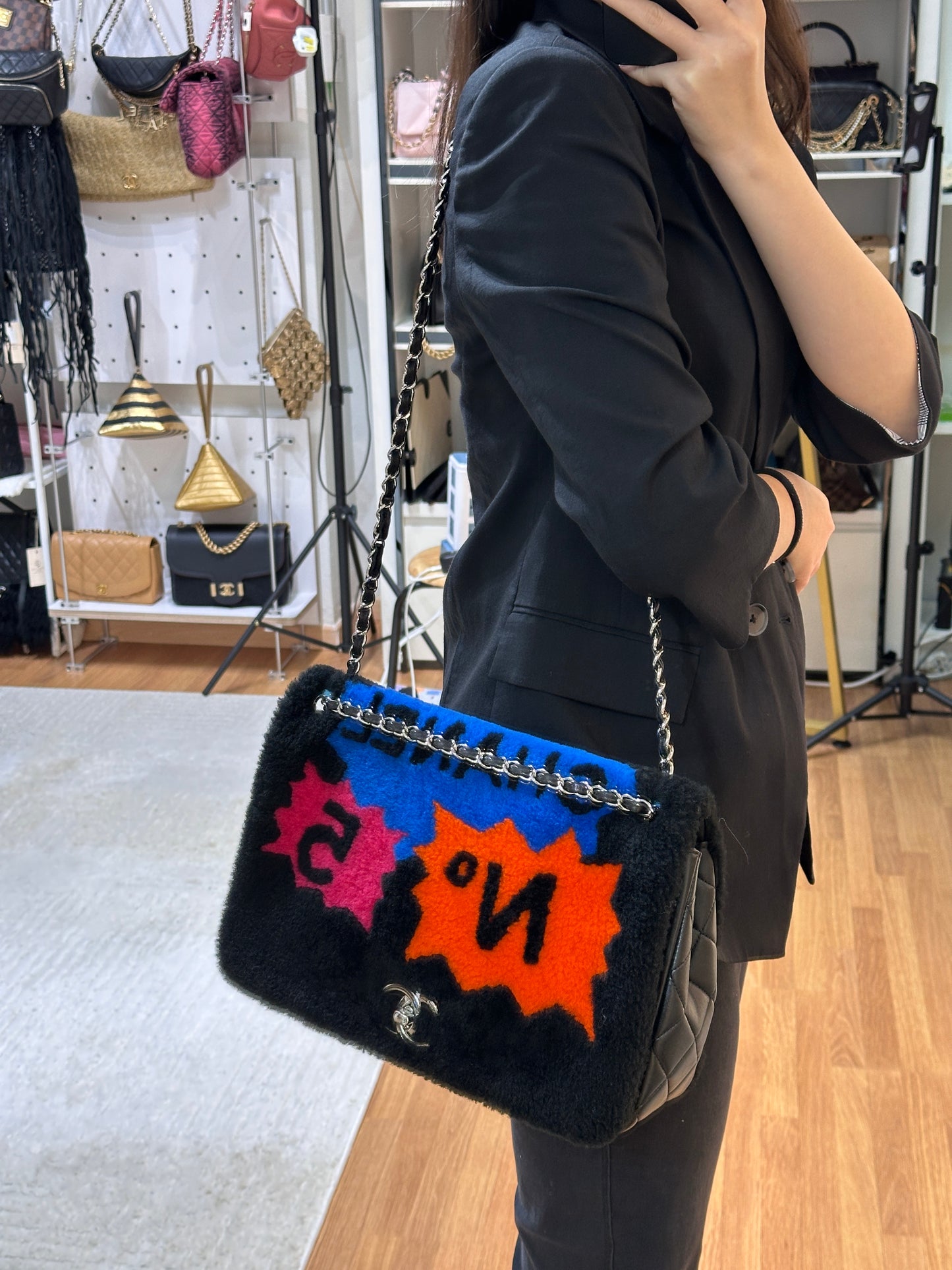 Chanel Jumbo Classic Flap  Maxi Pop Art No. 5 Caption Comic Lambskin Black Multicolor Bag 2030 holo