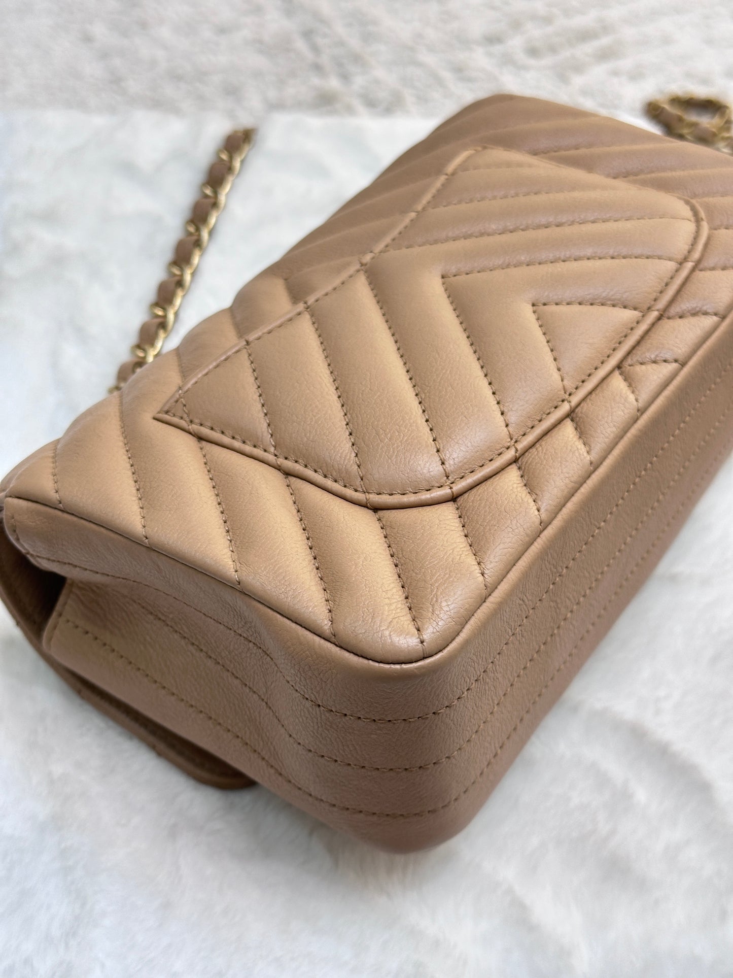 Chanel Mini Rectangular Calfskin Chevron Quilted Flap Dark Beige