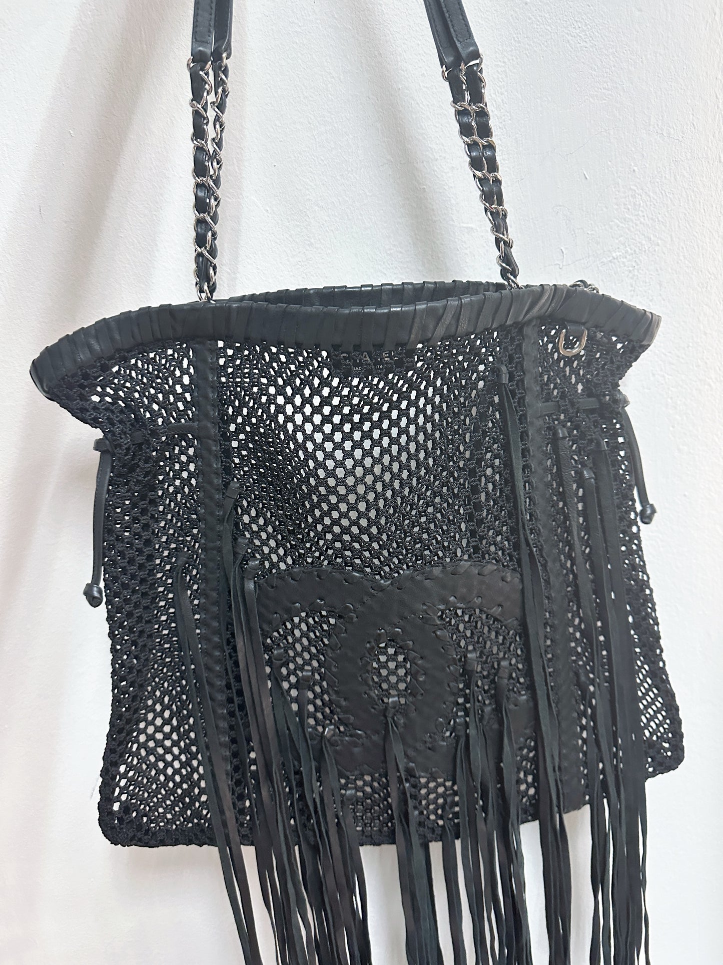 Chanel Limited Edition Resort 2011 Black Fringe Mesh Tote Bag 1373 holo card