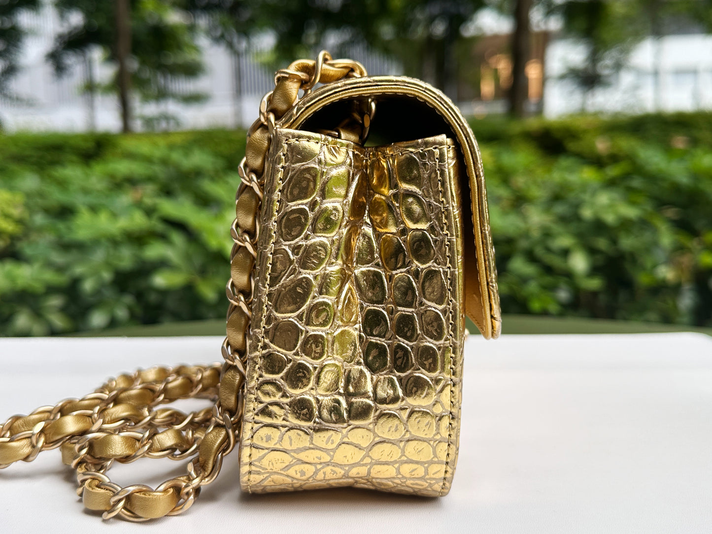 Chanel Mini Calfskin Crocodile Embossed Rectangular Gold Metallic Flap Bag 2803 holo card