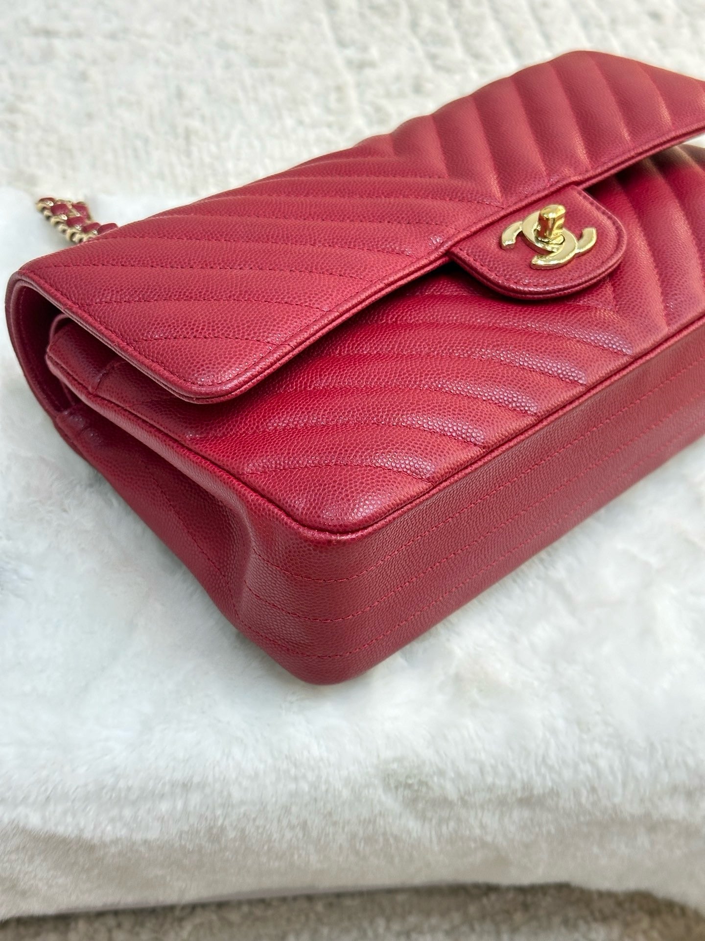 Chanel Medium Chevron Caviar Double Flap Red GHW