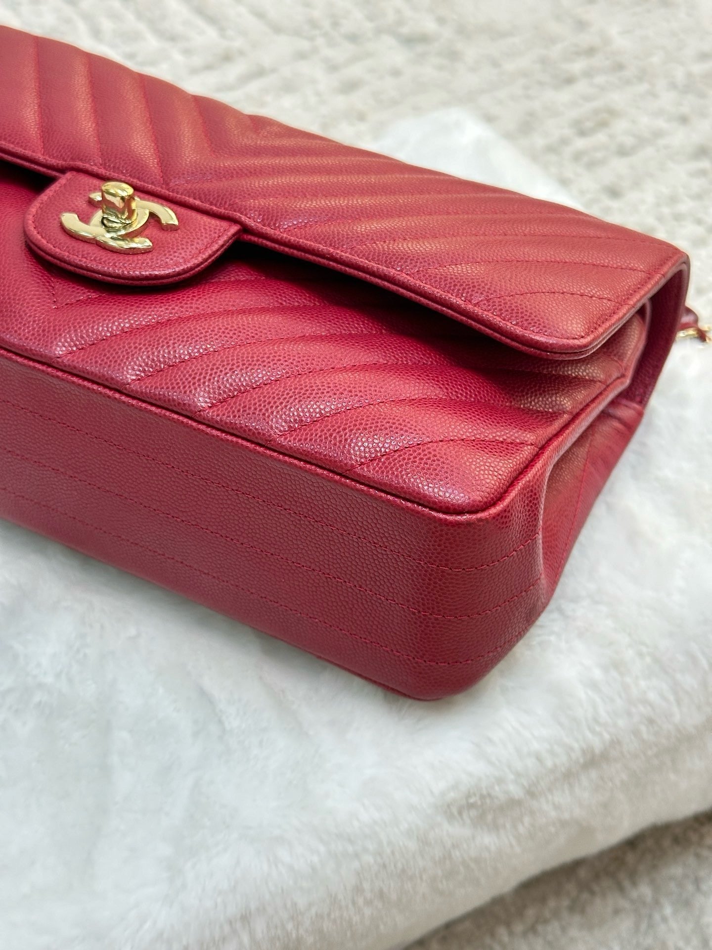 Chanel Medium Chevron Caviar Double Flap Red GHW