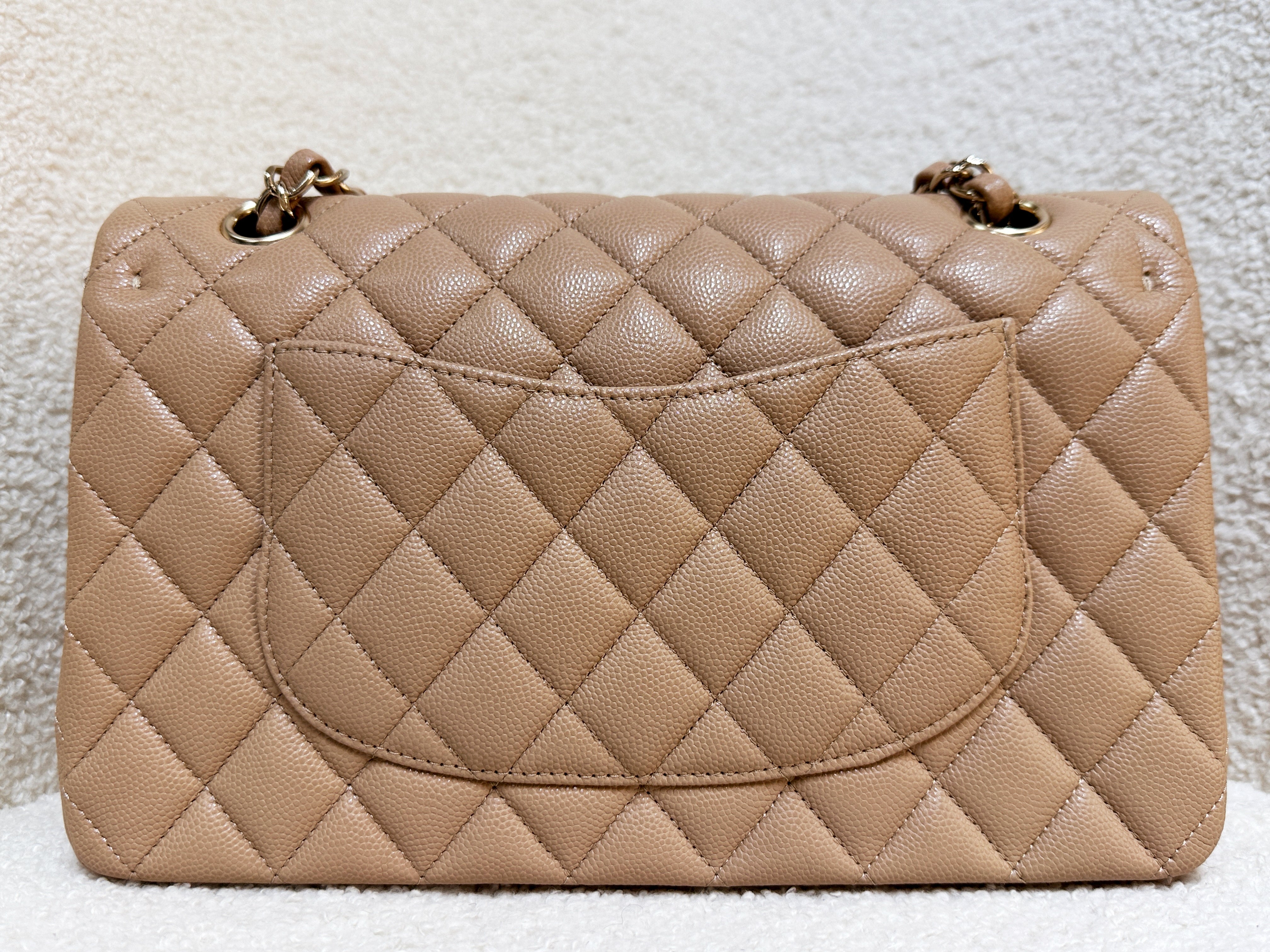 Chanel 19B Dark Beige Caviar Classic Quilted Classic Flap Medium LGHW