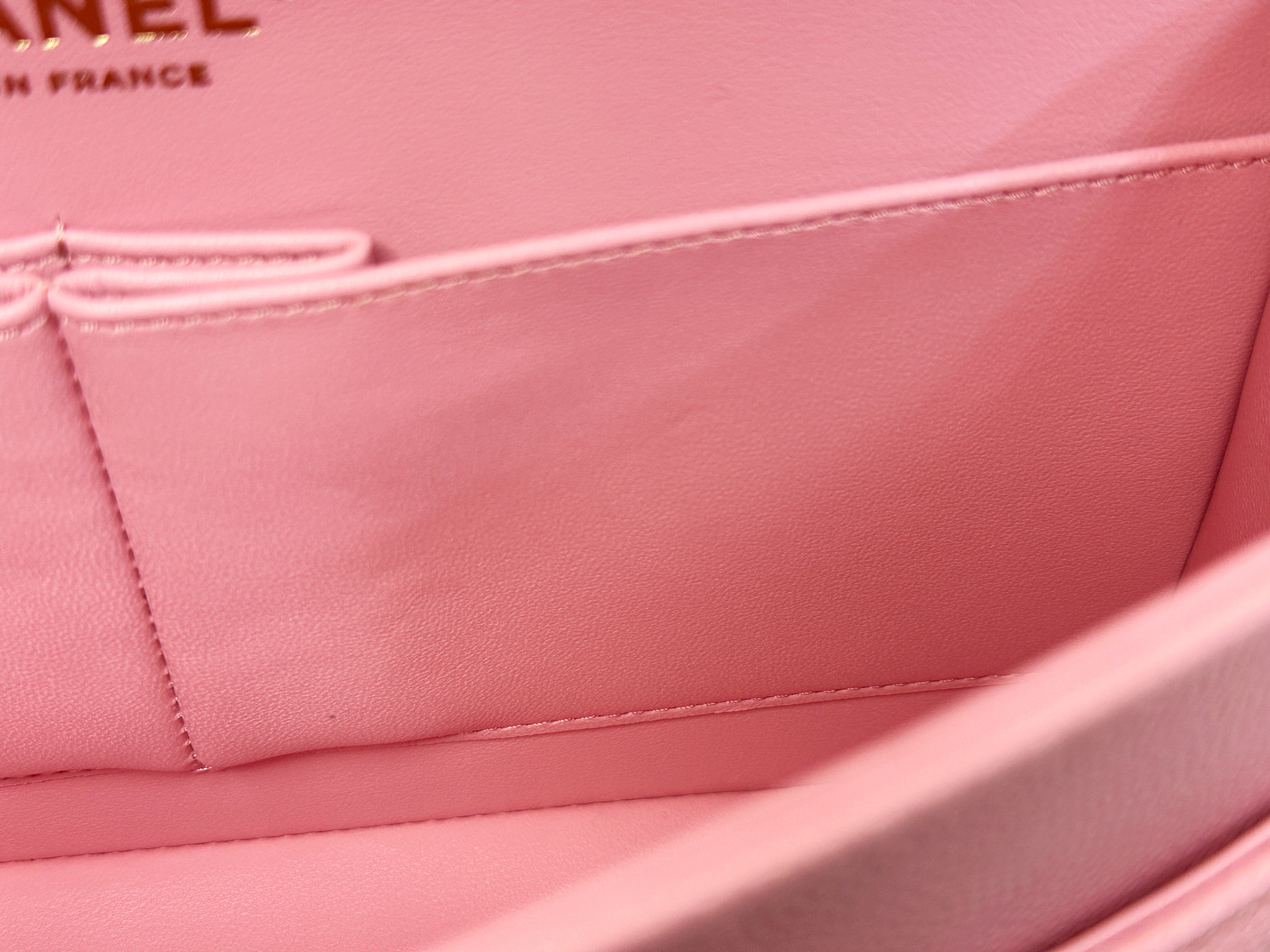 Chanel 22C Classic Quilted Medium Double Flap Bag Sakura Pink AKHX microchip