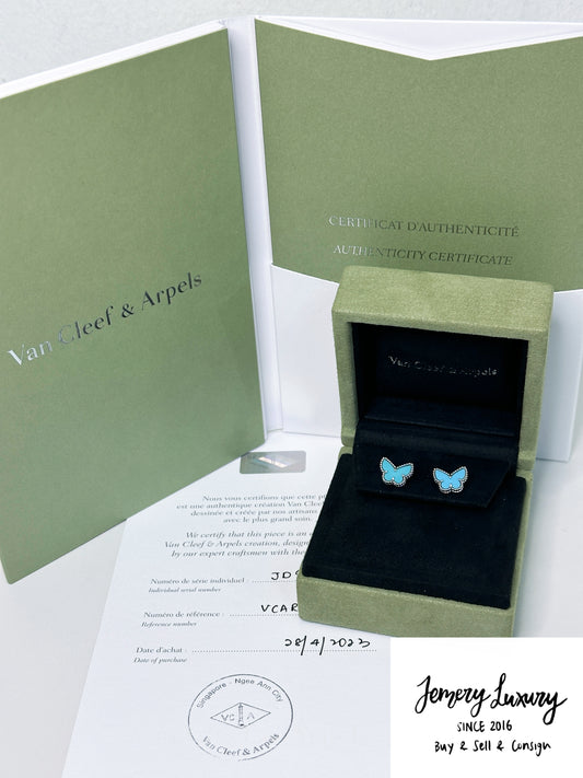 VAN CLEEF & ARPELS 18K White Gold Turquoise Sweet Alhambra Butterfly Earrings JD97
