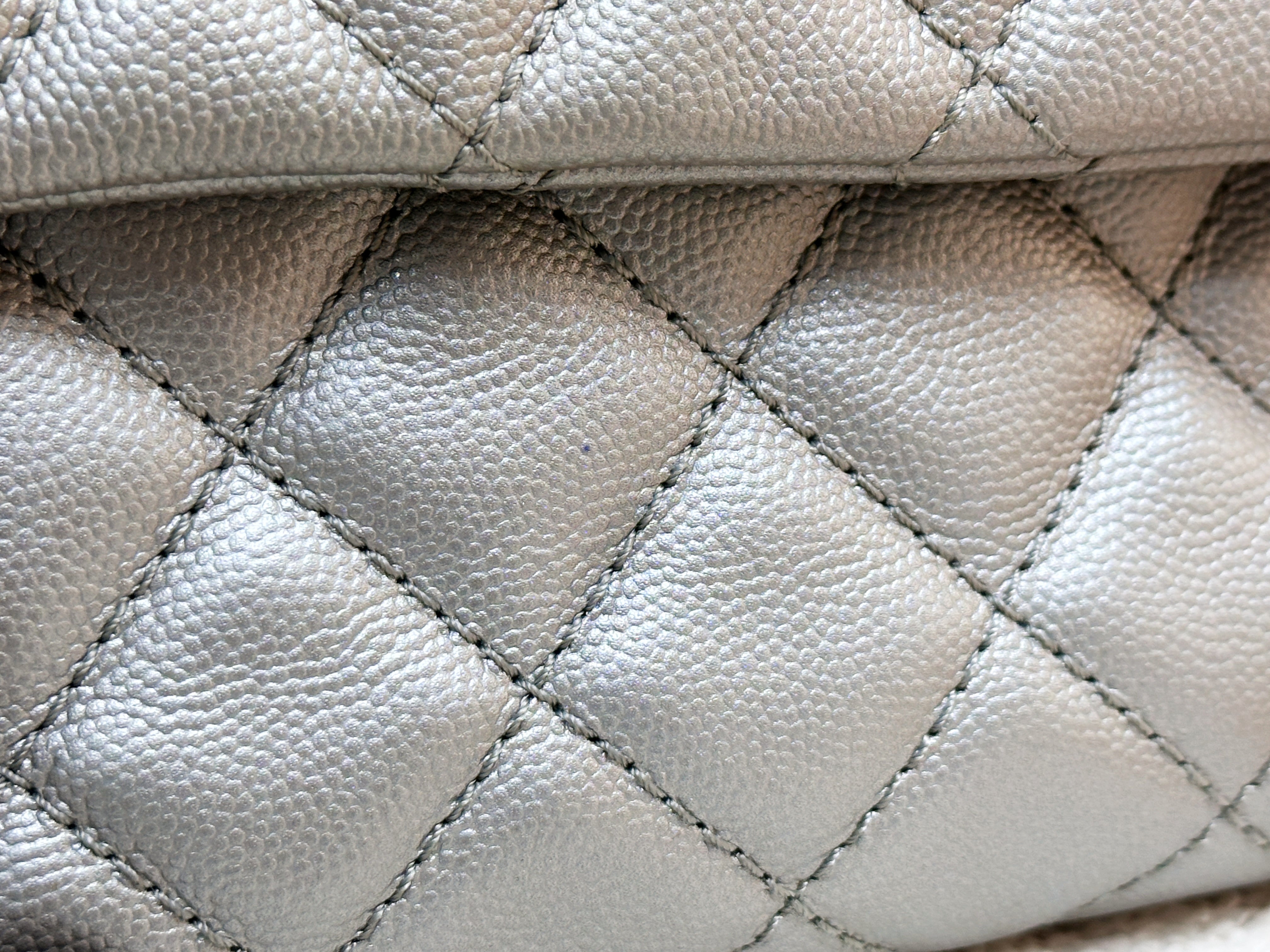 Chanel 2017 Caviar Classic Quilted XXL Travel Flap shoulder bag Metallic Silver SHW 2257 holo card