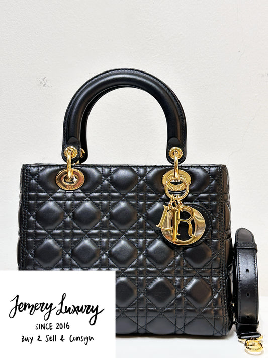 Christian Dior Medium Cannage Lambskin Lady Dior Bag Black GHW