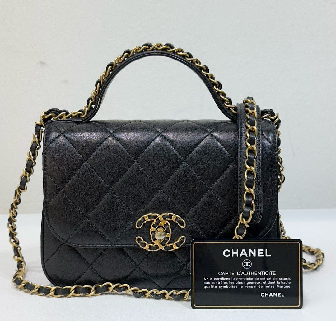 Chanel Small Lambskin Quilted Chain Infinity Top Handle Flap Black GHW