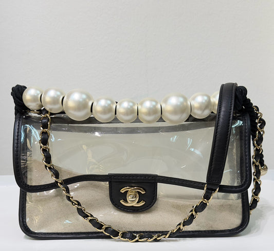 Chanel Medium Lambskin CoCo Sand PVC Sand By The Sea Flap With Pearl Strap Black GHW