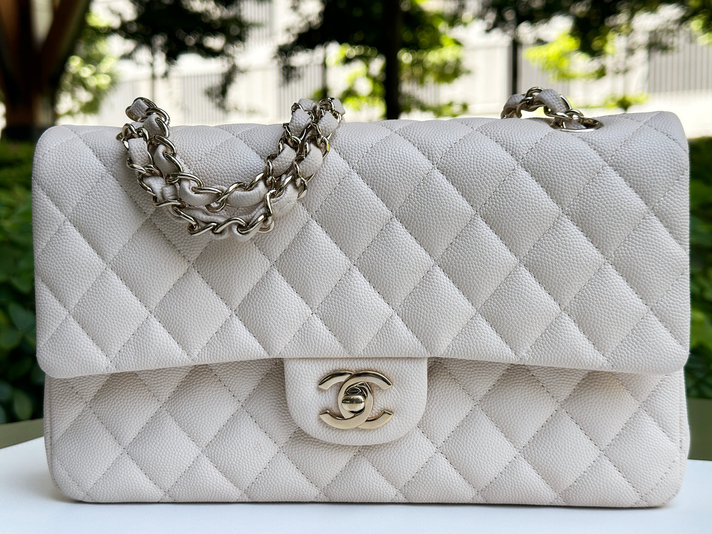Chanel Medium Caviar Classic Quilted Double Flap Ivory Light Beige Bag LGHW