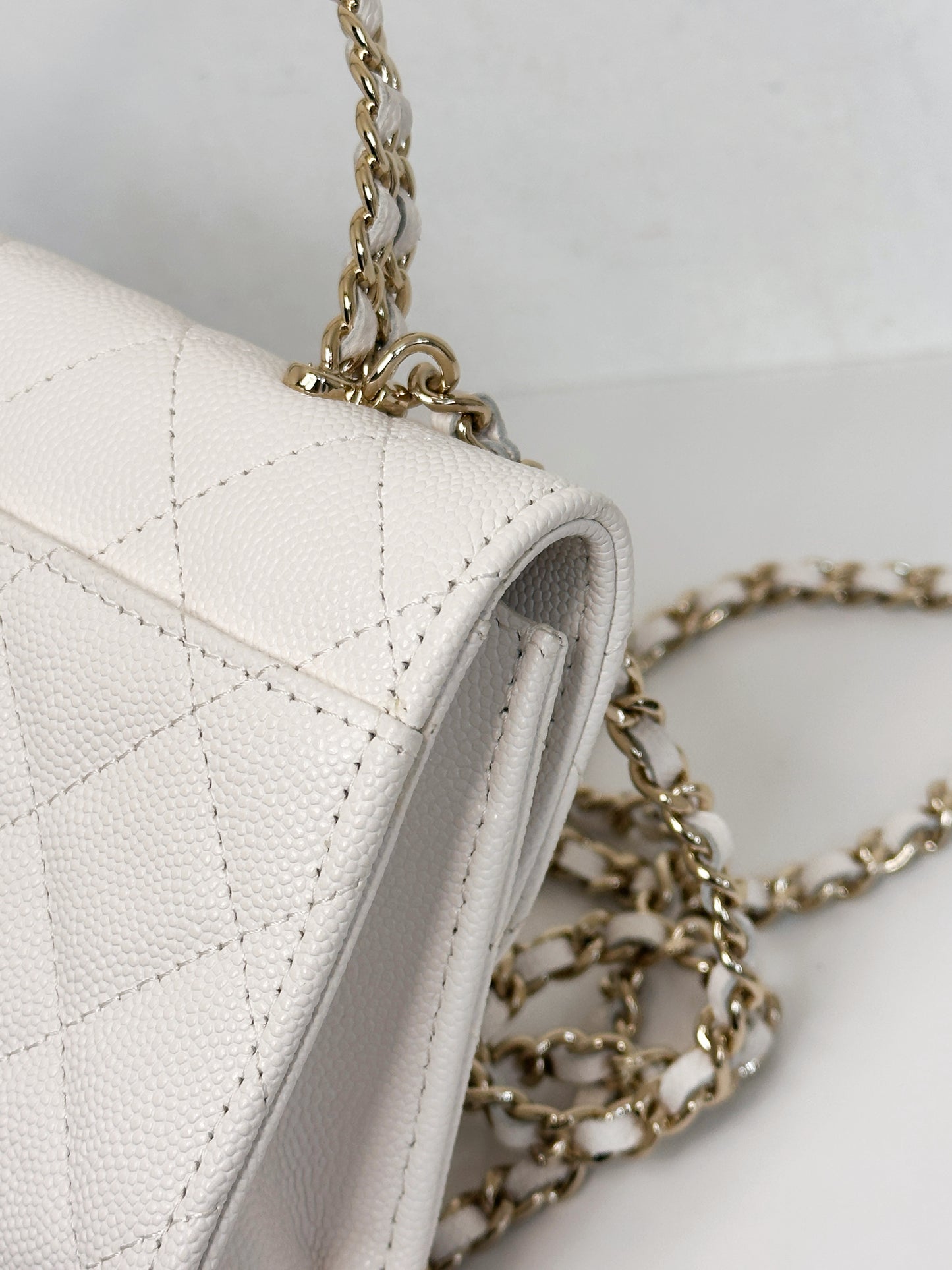 Chanel 23P Top Handle Kelly Clutch with Chain in White Caviar GHW