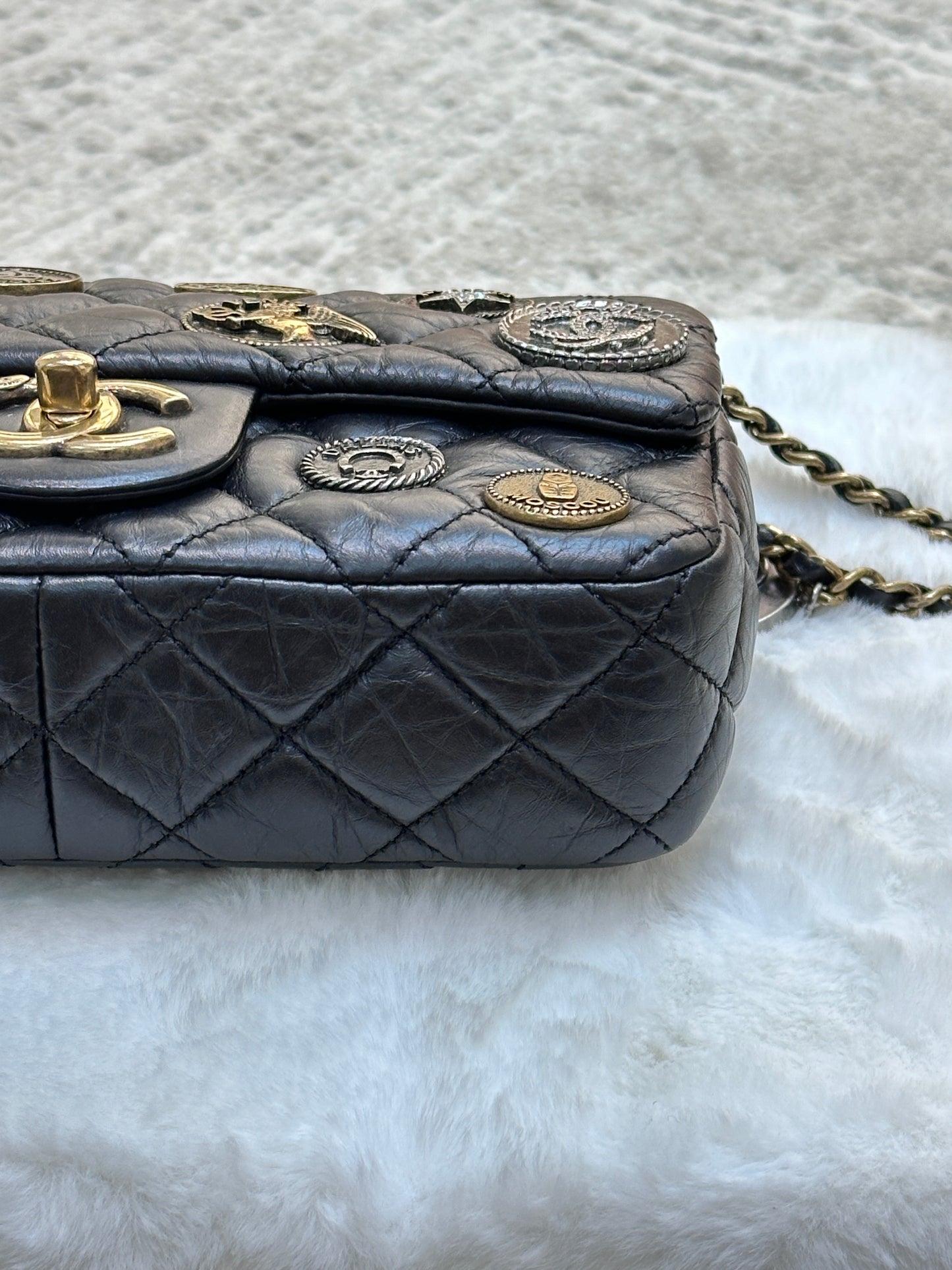 Chanel Mini Limited Edition Aged Calfskin Quilted Medallion Flap Black GHW