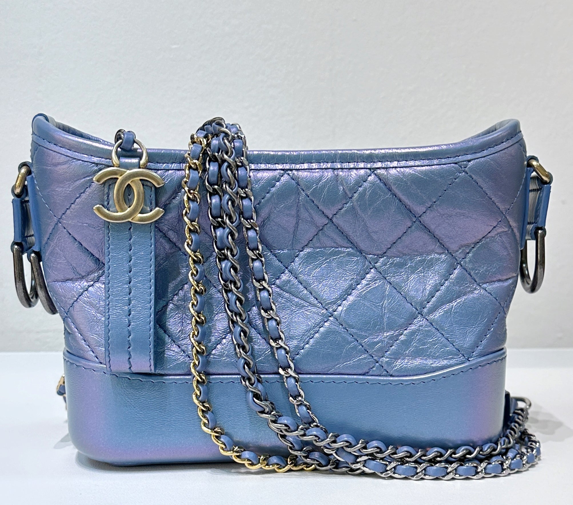 CHANEL Iridescent Aged Calfskin Quilted Small Gabrielle Hobo Blue Jemeryluxury