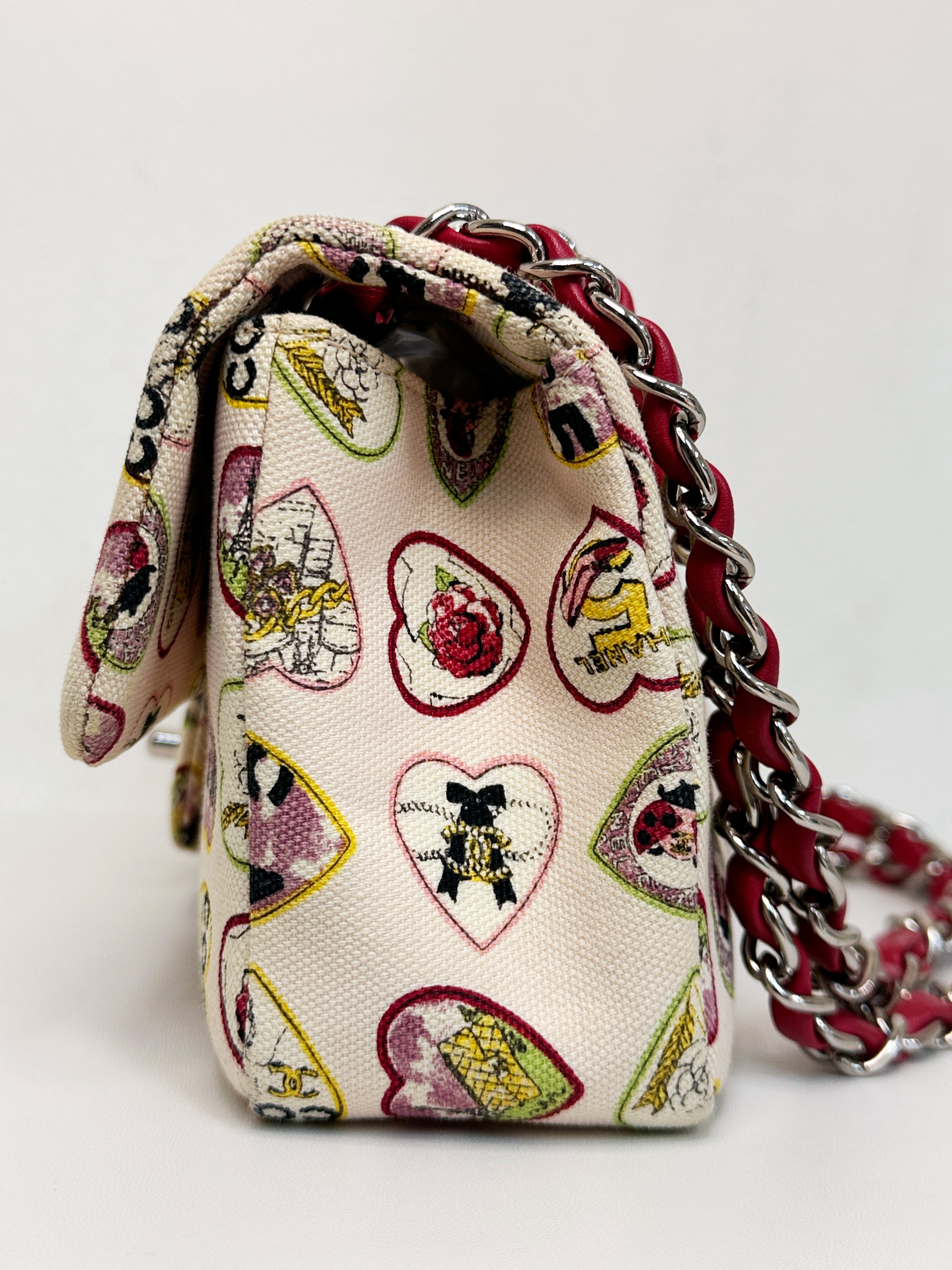 Chanel Valentine Coco Heart Motif Printed Pink Canvas East West Flap Bag 1064 holo