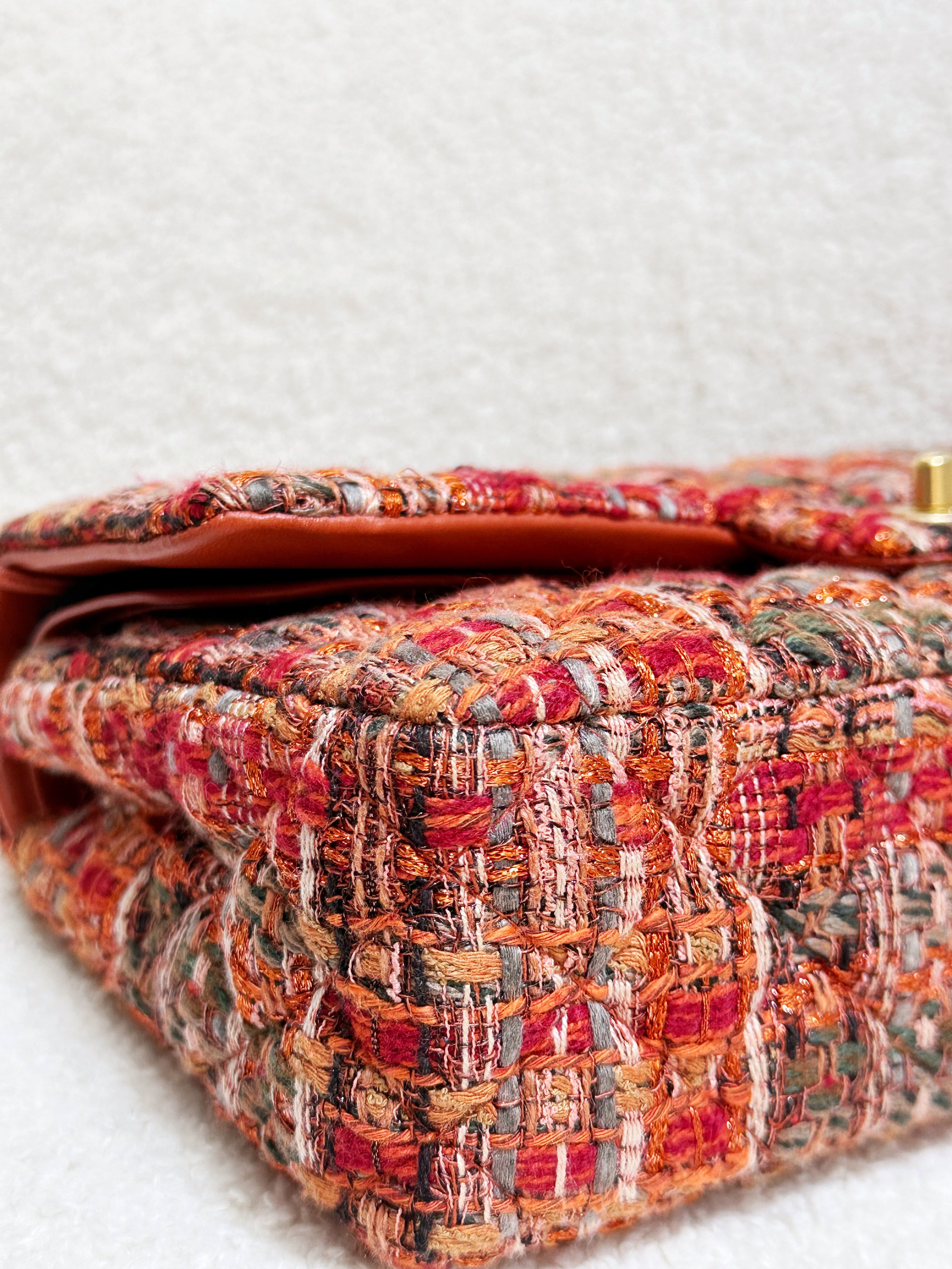 Chanel Tweed Quilted Medium Double Flap Bag Orange Multicolor K9J2 microchip