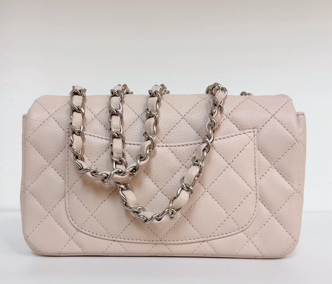 Chanel Mini Rectangular Classic Quilted Caviar Sakura Pink SHW 14C 1877 holo