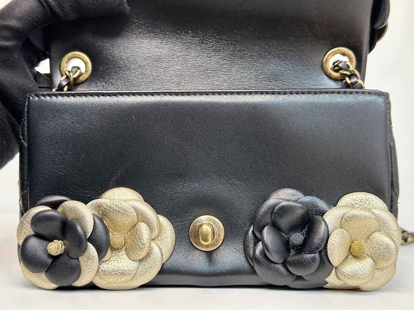 Chanel Mini Metallic Lambskin Quilted Camellia Flap Bag Black Gold 2479 holo card