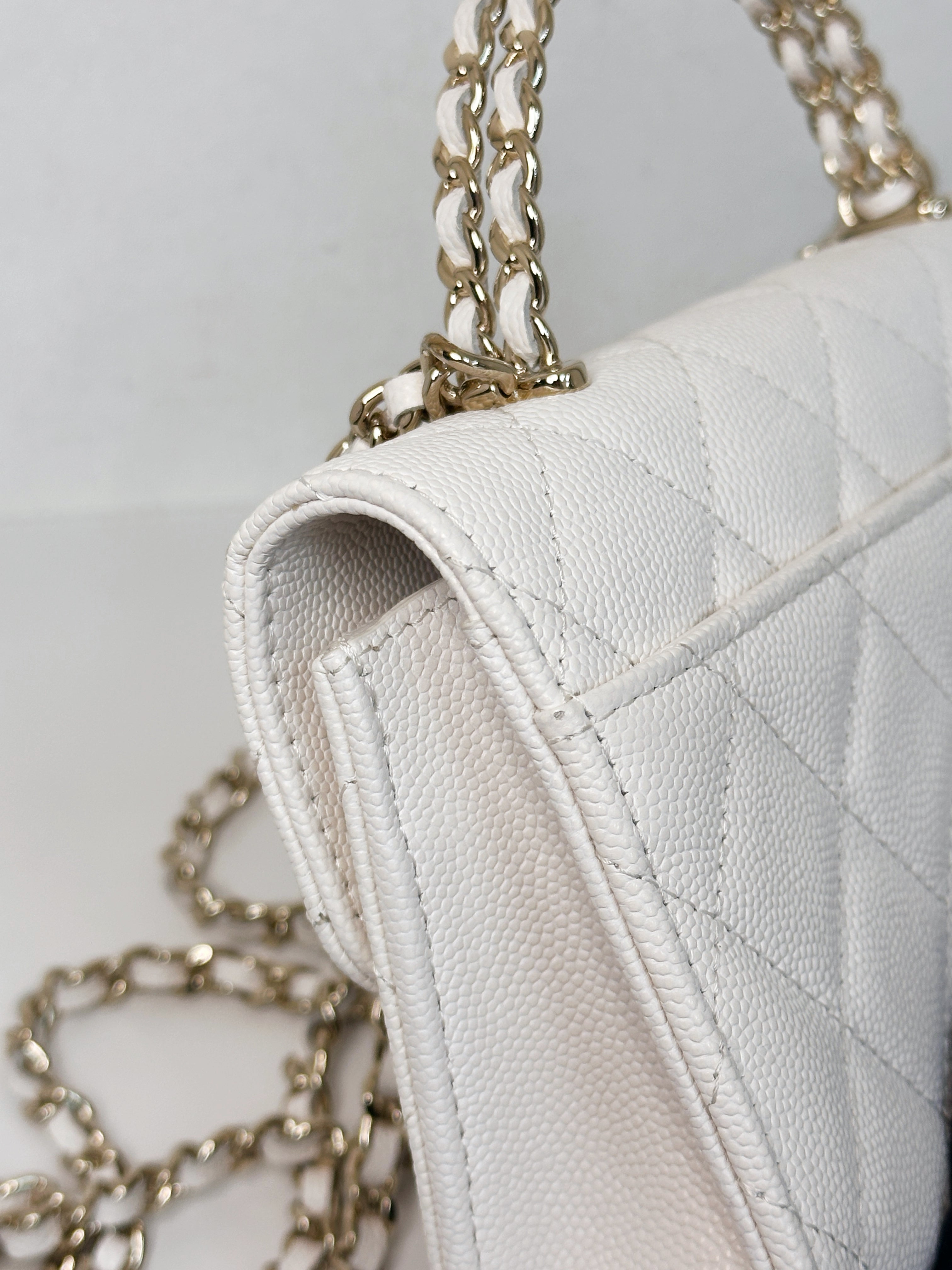 Chanel 23P Top Handle Kelly Clutch with Chain in White Caviar GHW