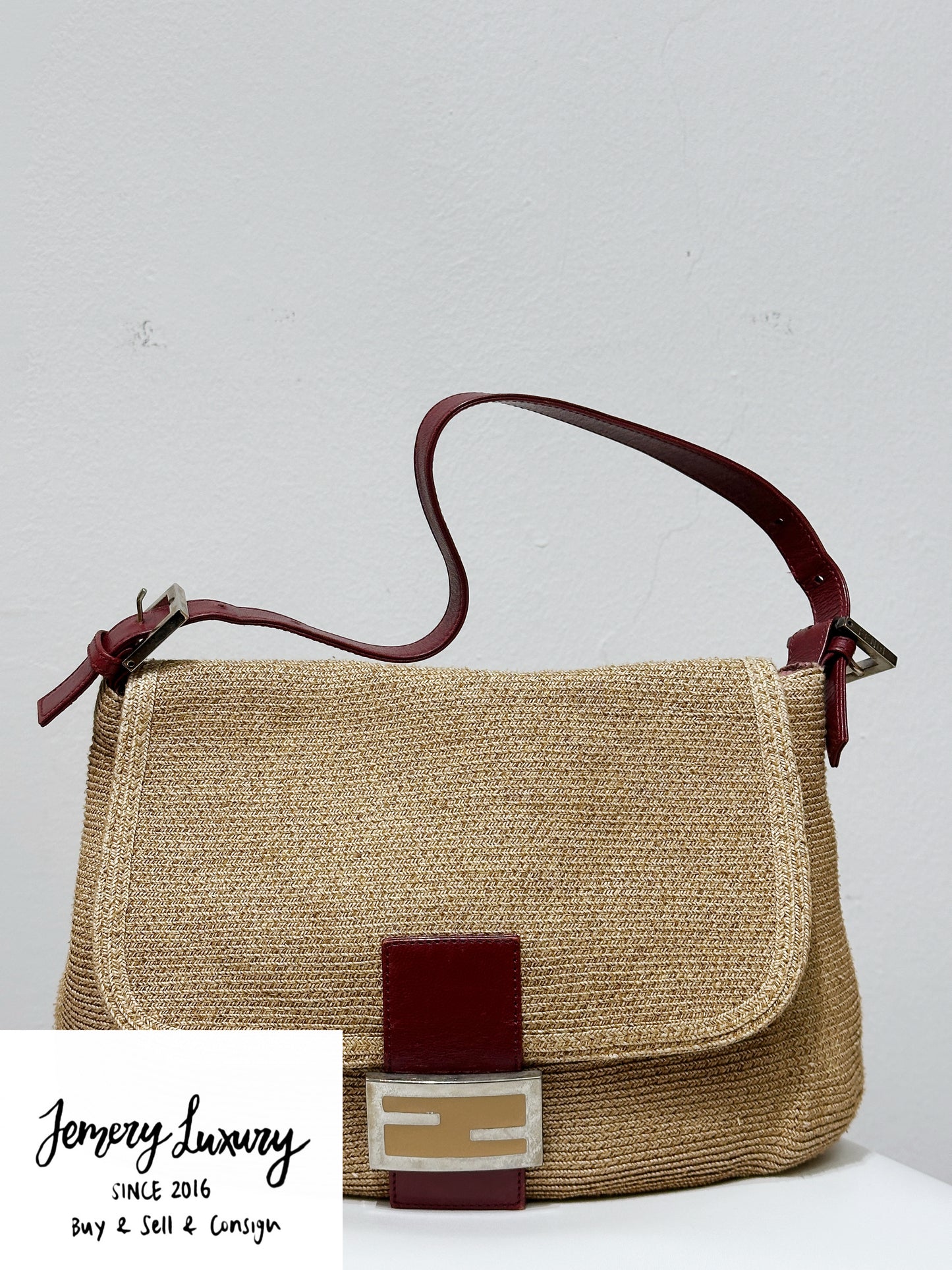 Fendi Mamma Baguette Raffia Straw Shoulder Bag Red Leather Strap