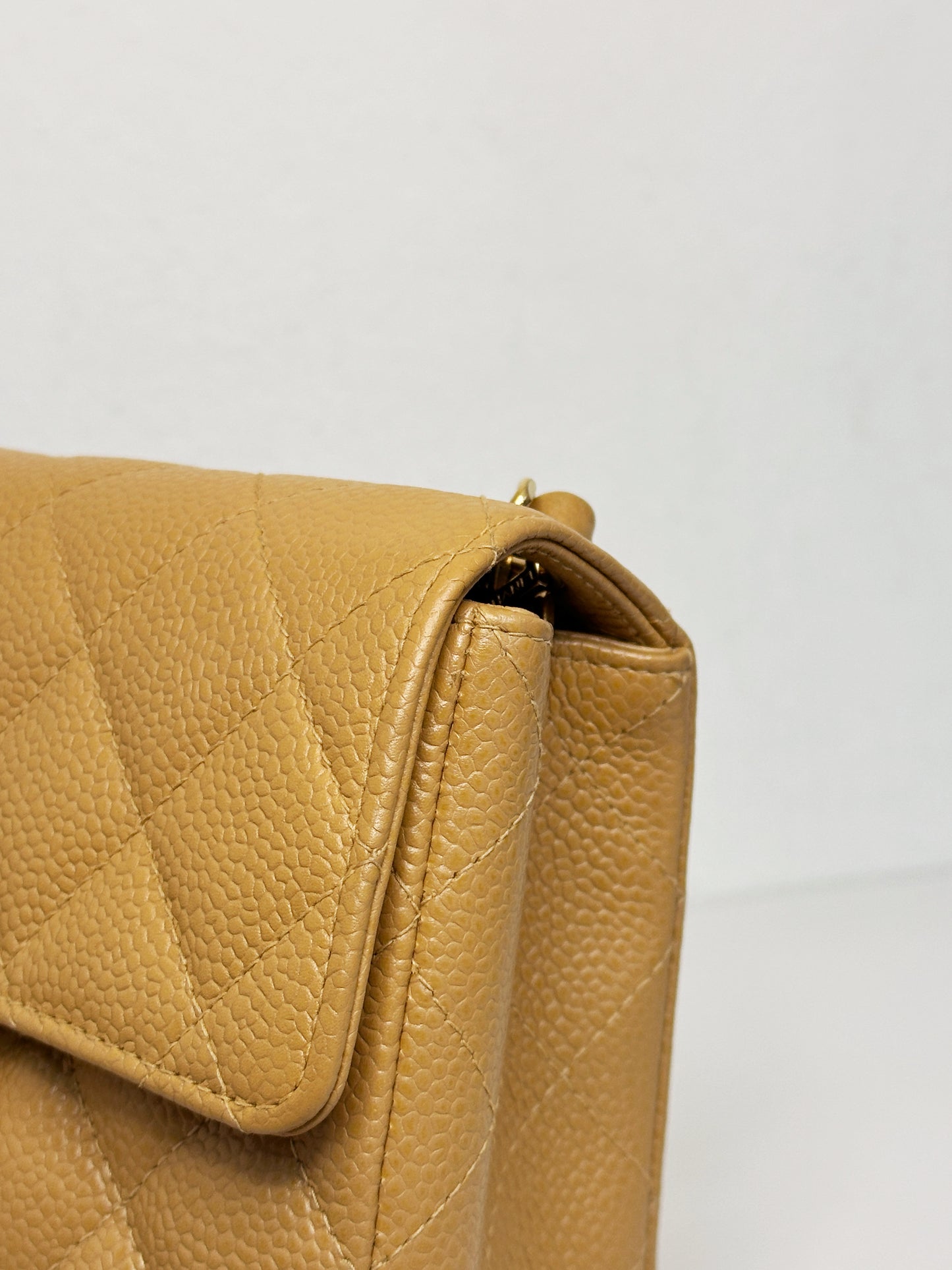 Chanel 24K Gold Mini Square Caviar Classic Flap Chain Shoulder Bag Beige GHW 84 holo card