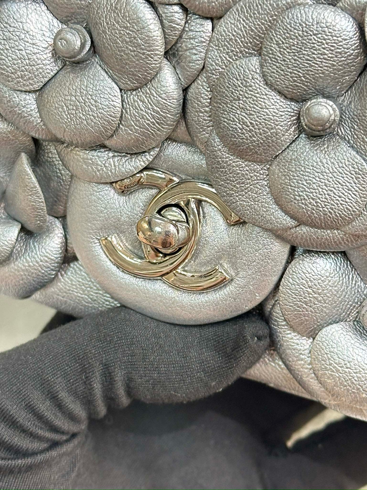 Chanel Mini Camellia Lambskin Shiny Silver SHW