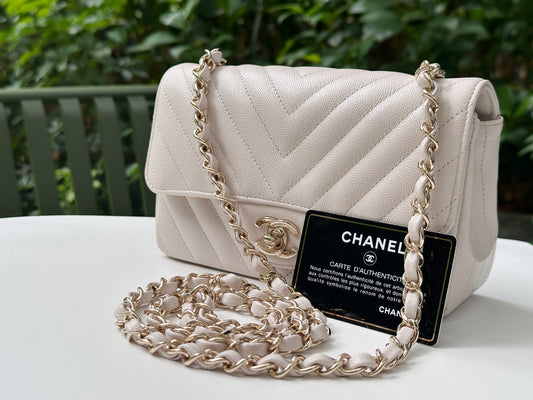 Chanel Mini Rectangle Chevron Blush Hue Light Beige Flap Bag LGHW 2644 holo card