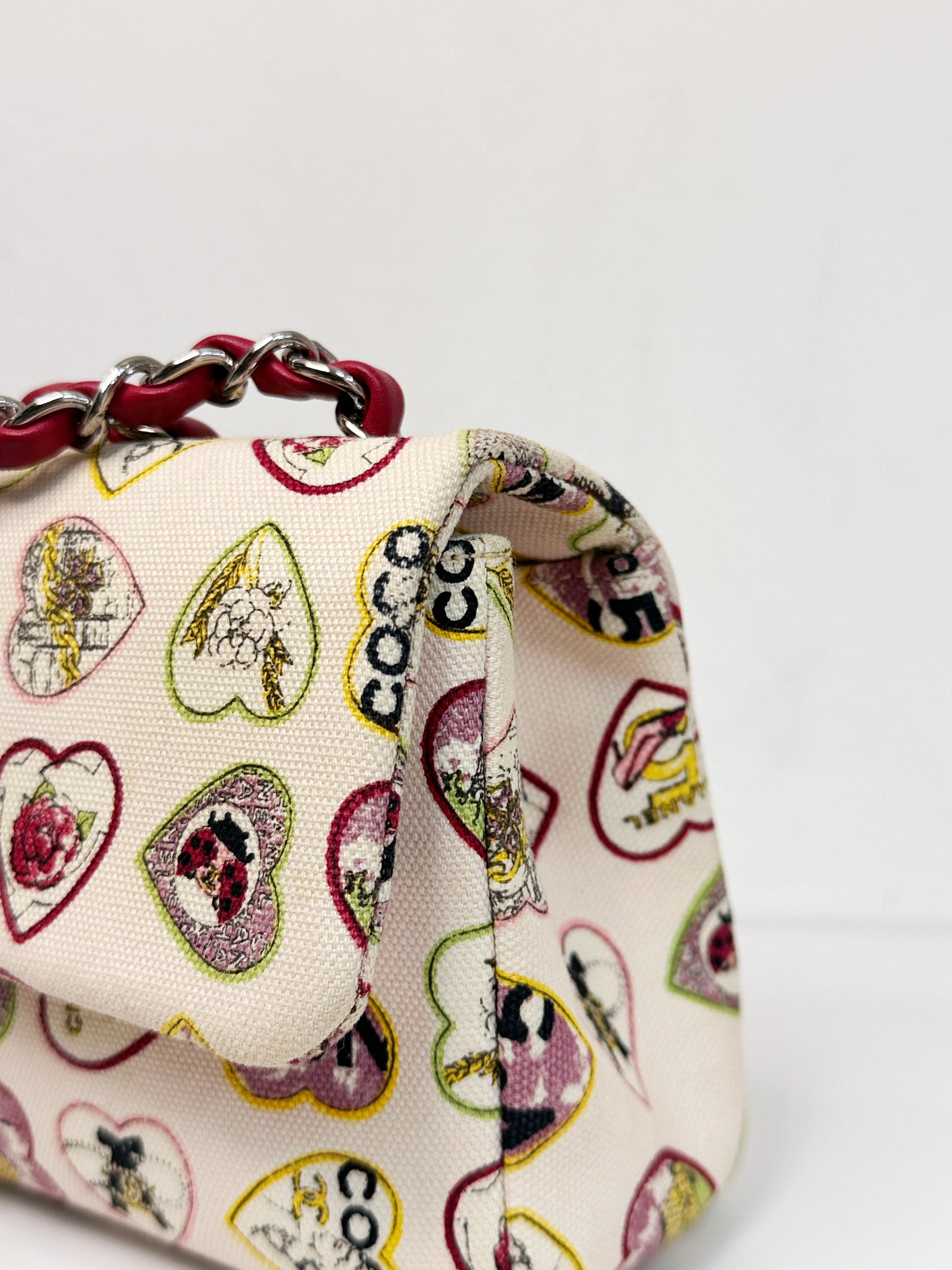 Chanel Valentine Coco Heart Motif Printed Pink Canvas East West Flap Bag 1064 holo