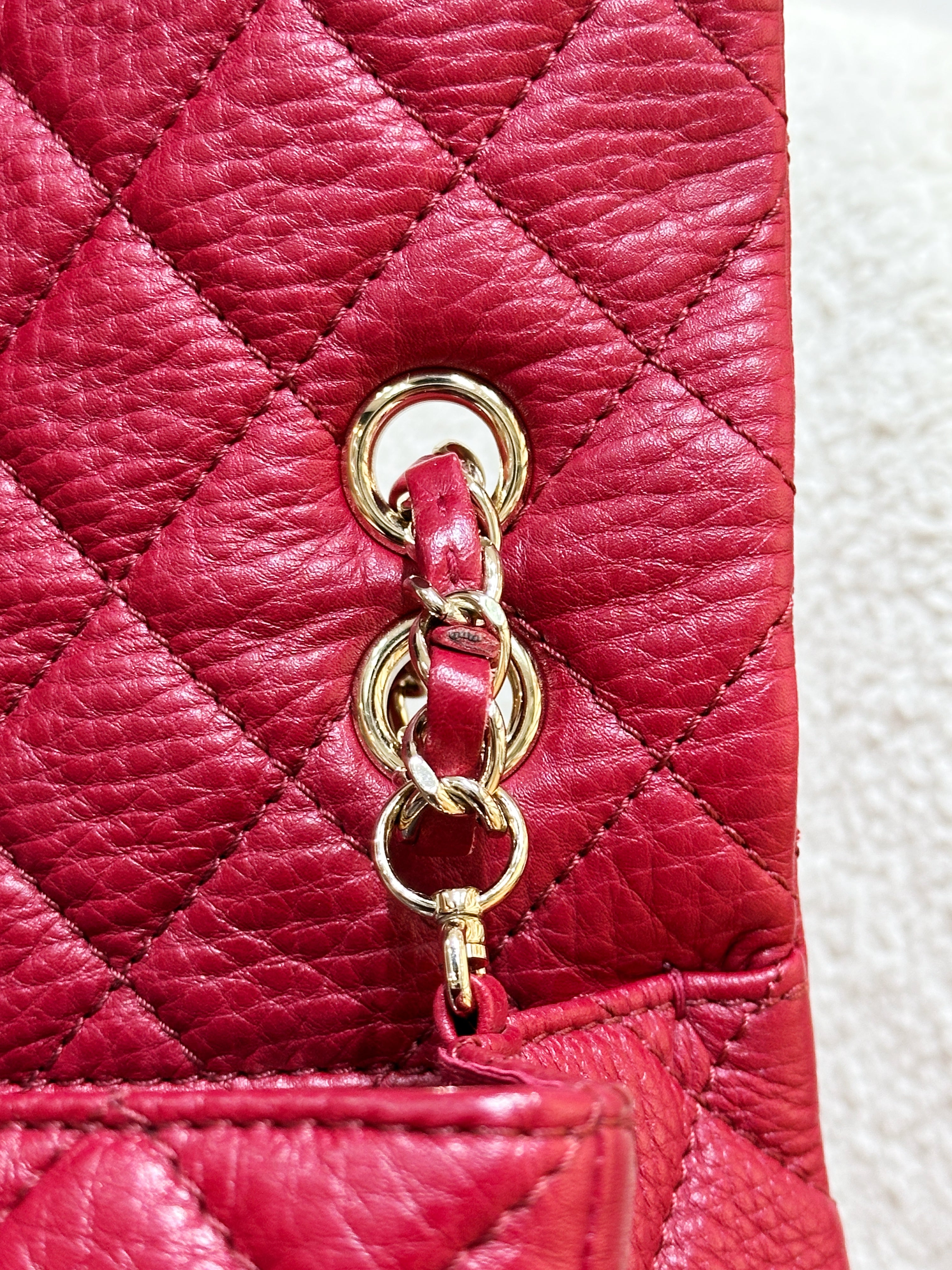 Chanel Red Grained Calfskin XL Small Travel Flap Bag Light Gold Hardware
