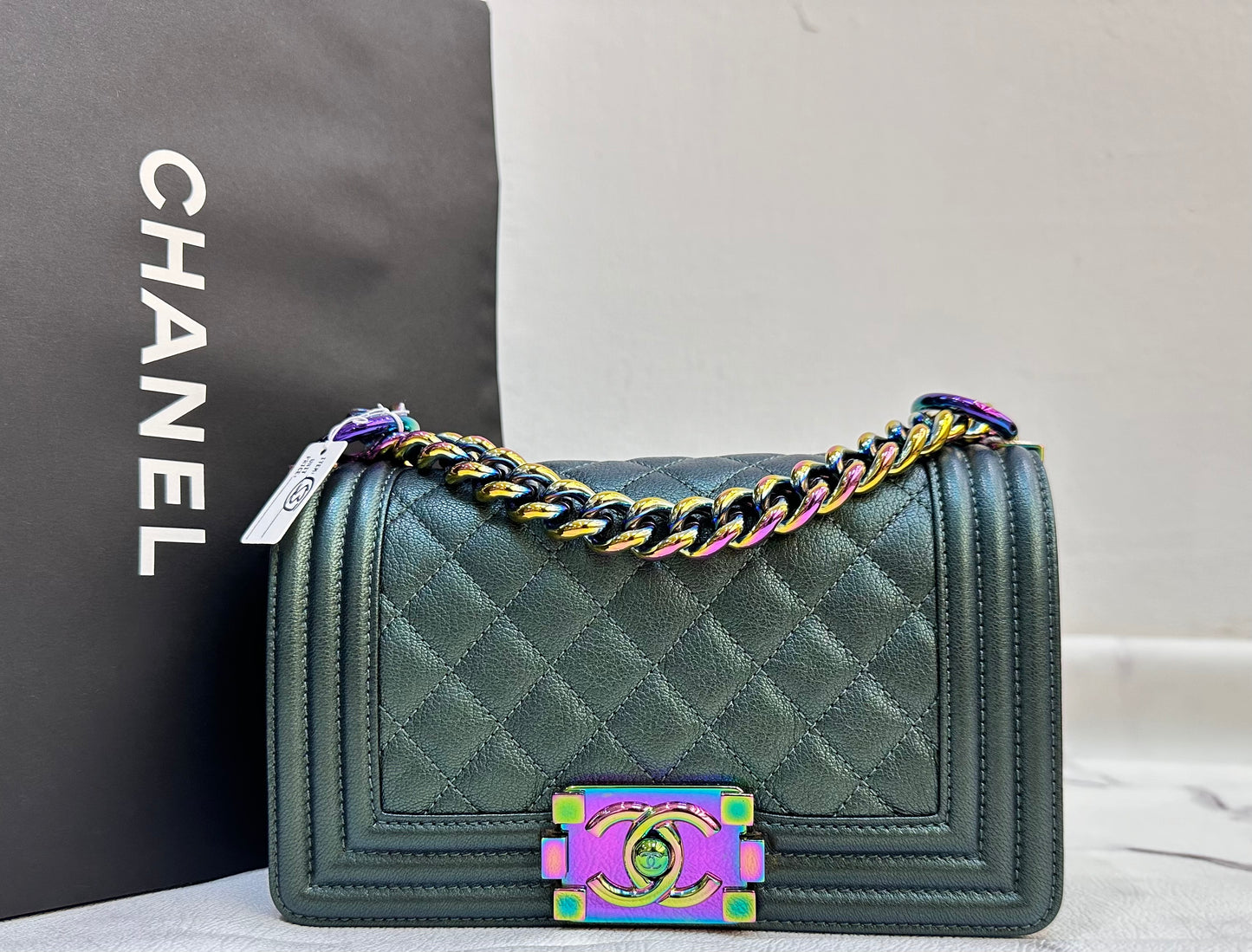 CHANEL Iridescent Goatskin Quilted Small Boy Flap Green