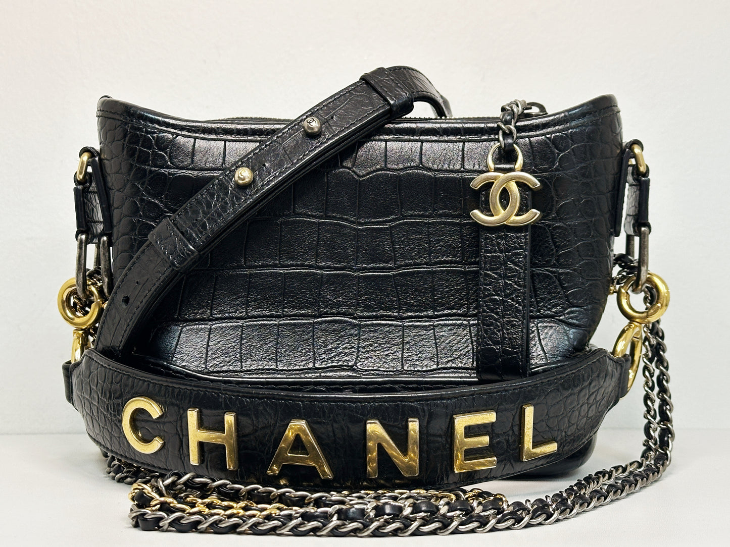 Chanel Small Gabrielle Hobo Bag Crocodile Embossed Calfskin Black 2822 holo card