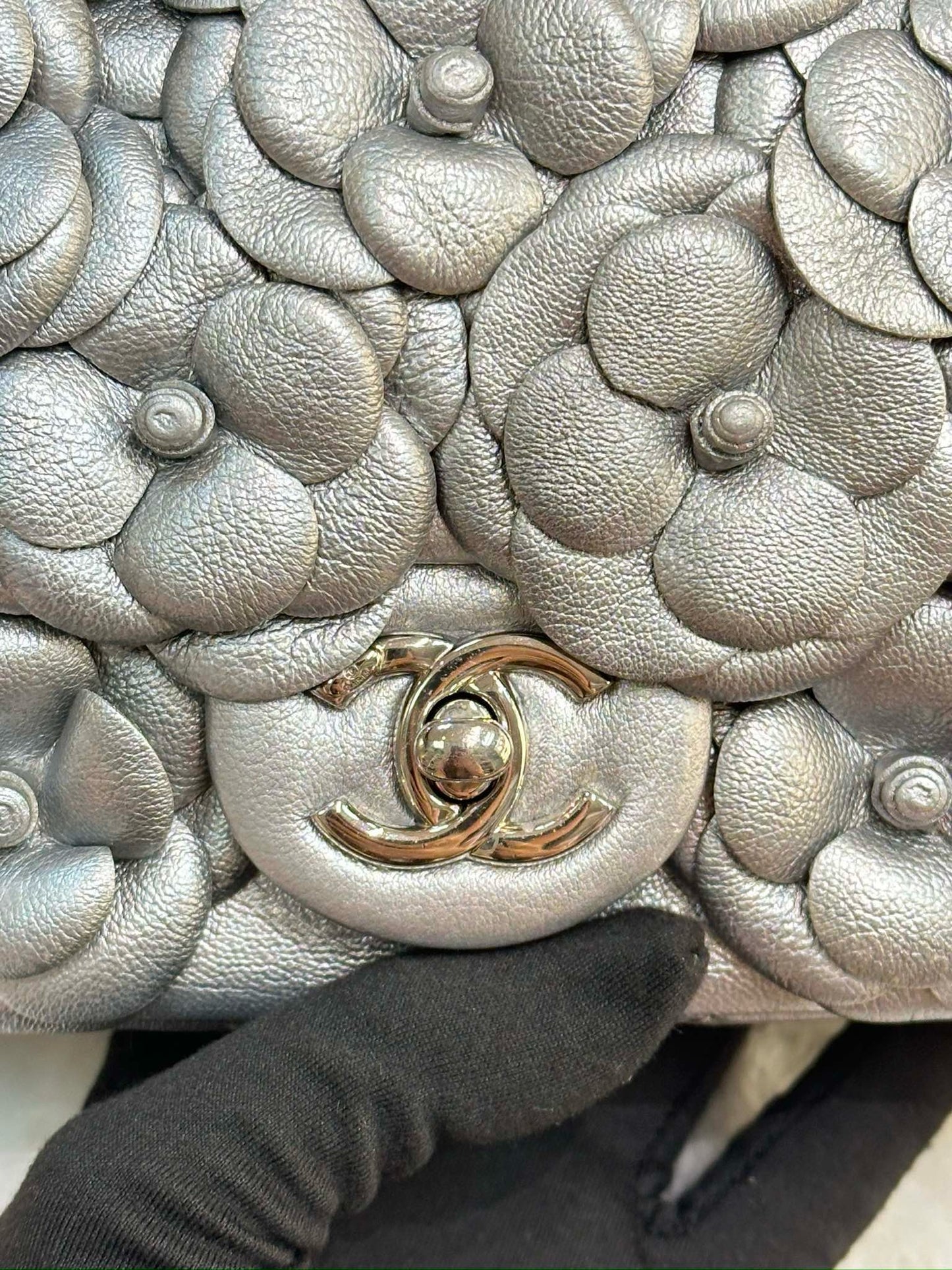 Chanel Mini Camellia Lambskin Shiny Silver SHW