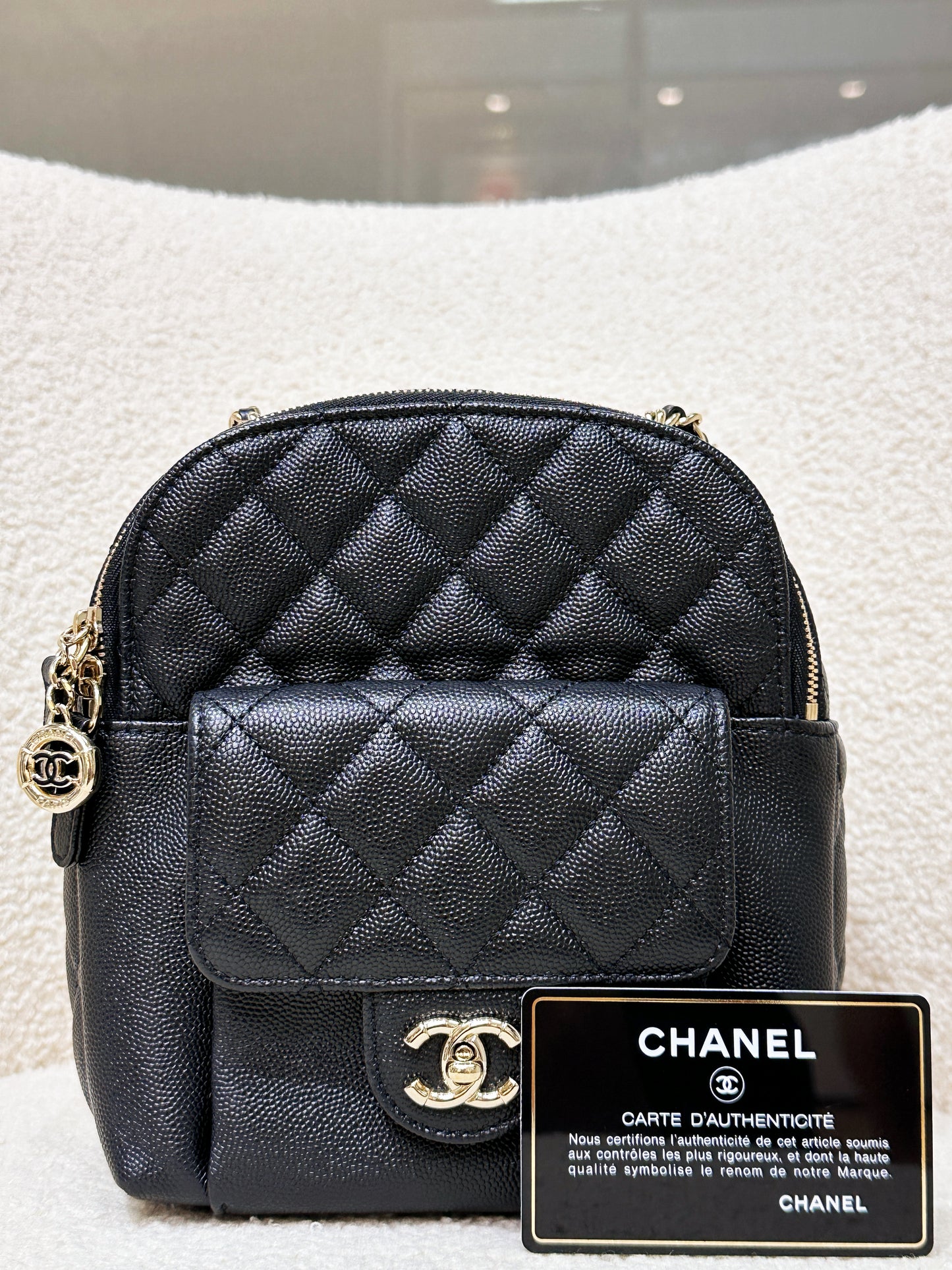 Chanel CC Day Backpack Quilted Caviar Mini Black 268 holo card