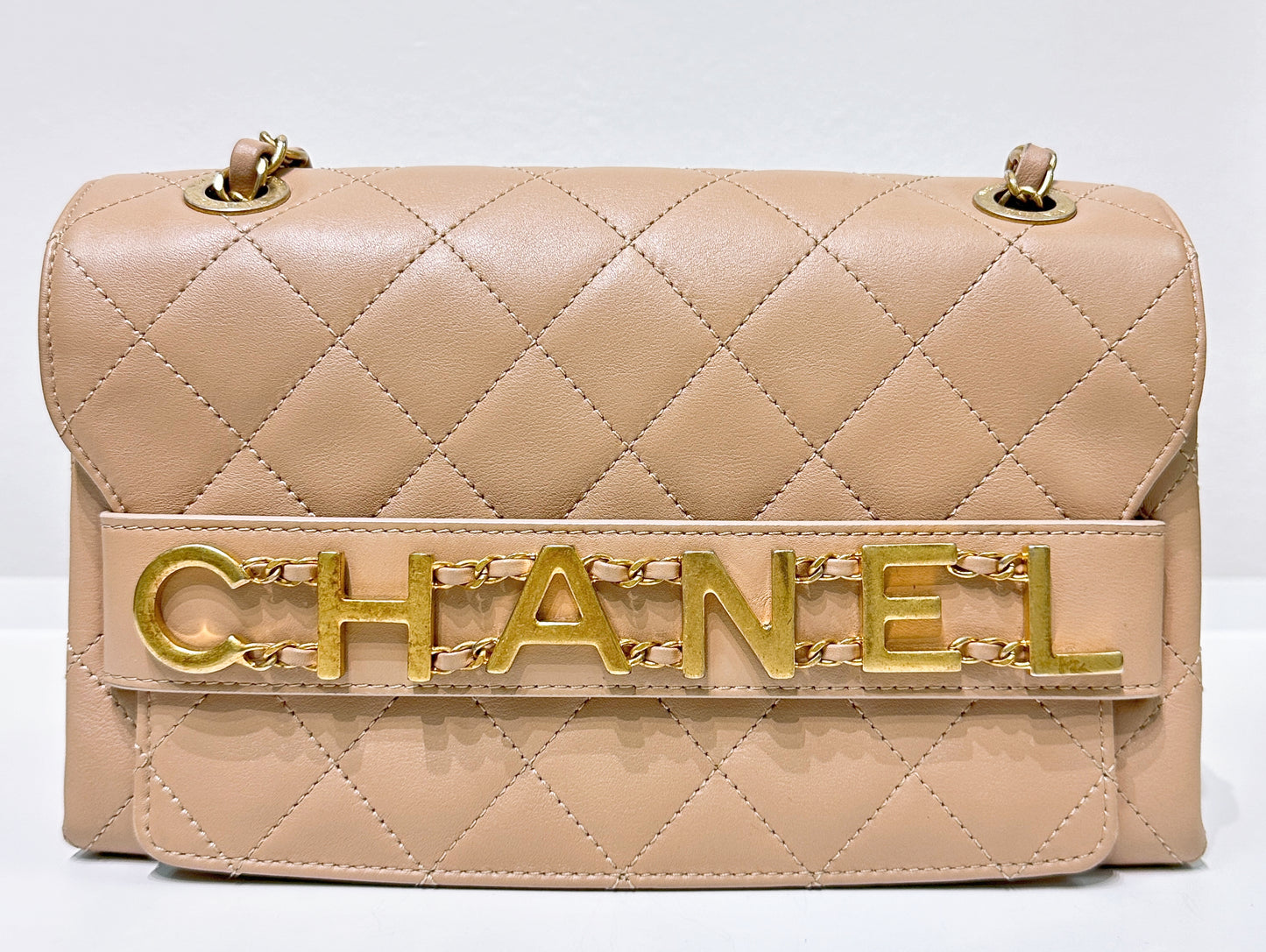 Chanel Engraved Flap Dark Beige Lambskin Gold Hardware