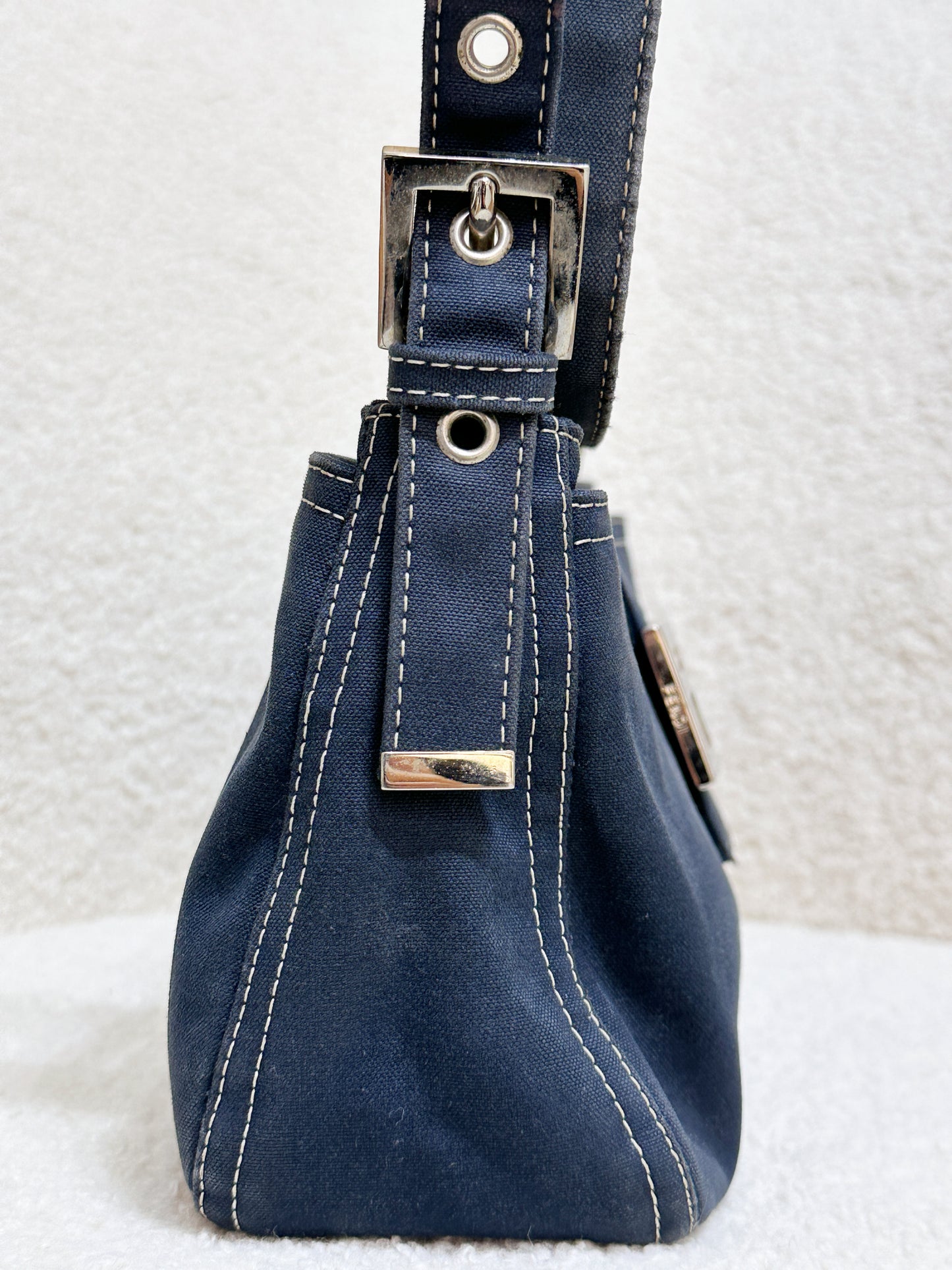Fendi Mamma Baguette Canvas Shoulder Bag Navy blue