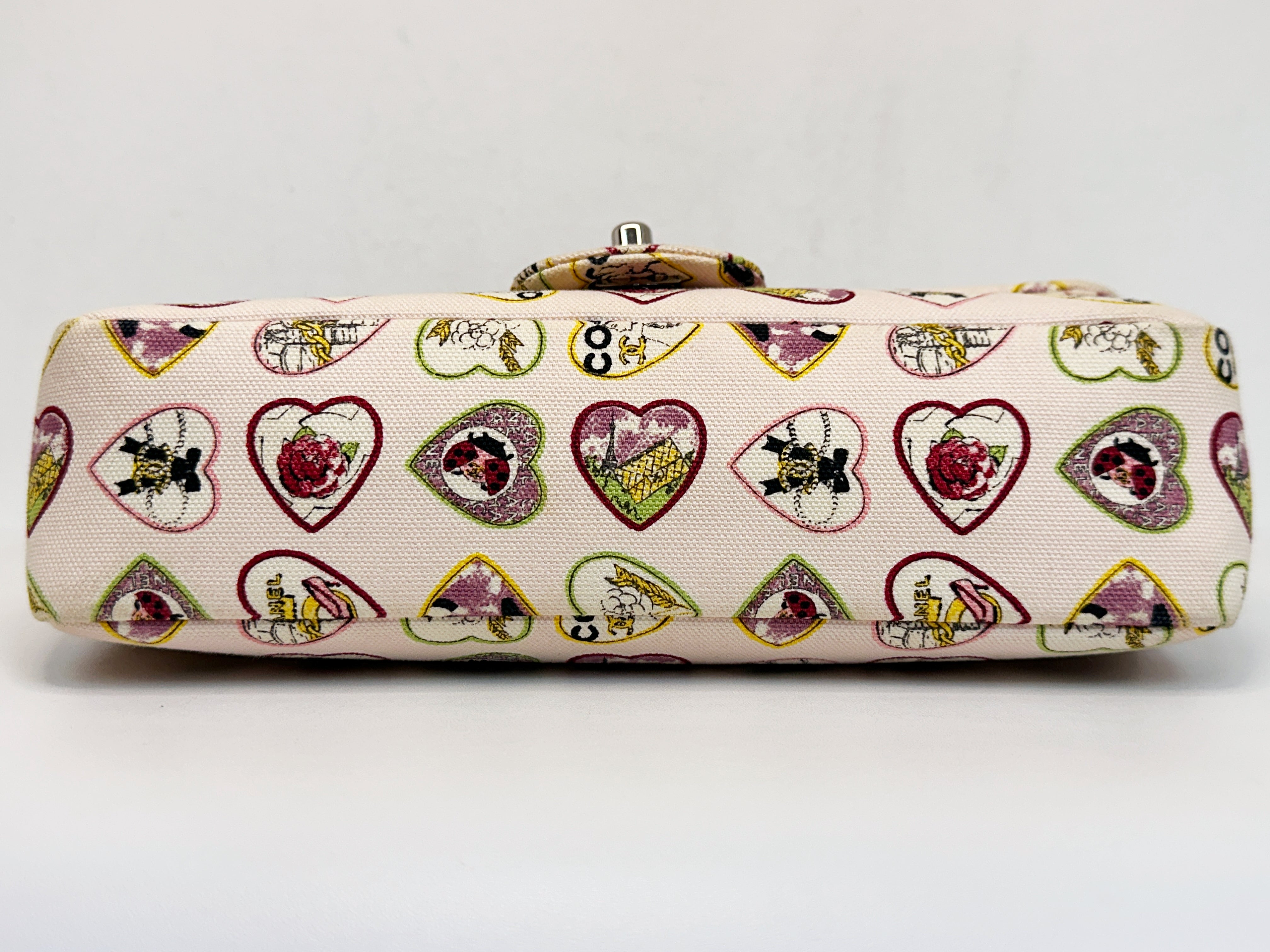 Chanel Valentine Coco Heart Motif Printed Pink Canvas East West Flap Bag 1064 holo
