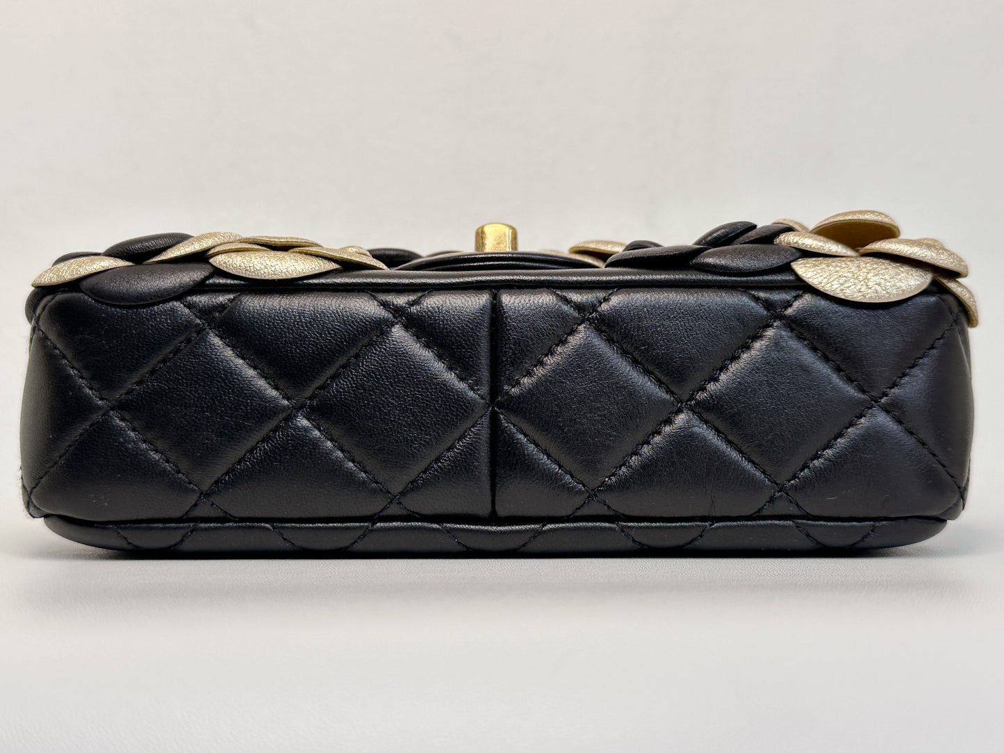 Chanel Mini Metallic Lambskin Quilted Camellia Flap Bag Black Gold 2479 holo card