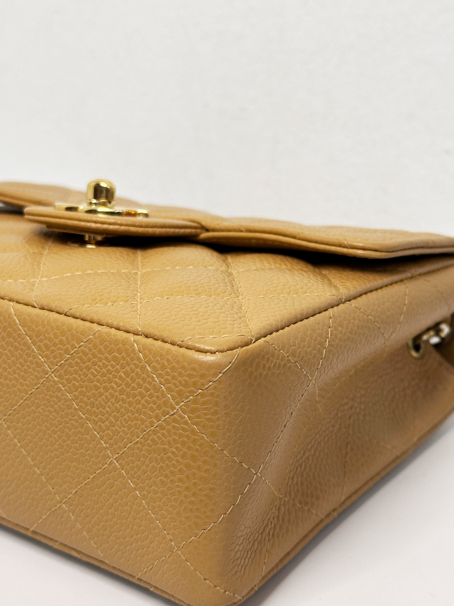 Chanel 24K Gold Mini Square Caviar Classic Flap Chain Shoulder Bag Beige GHW 84 holo card