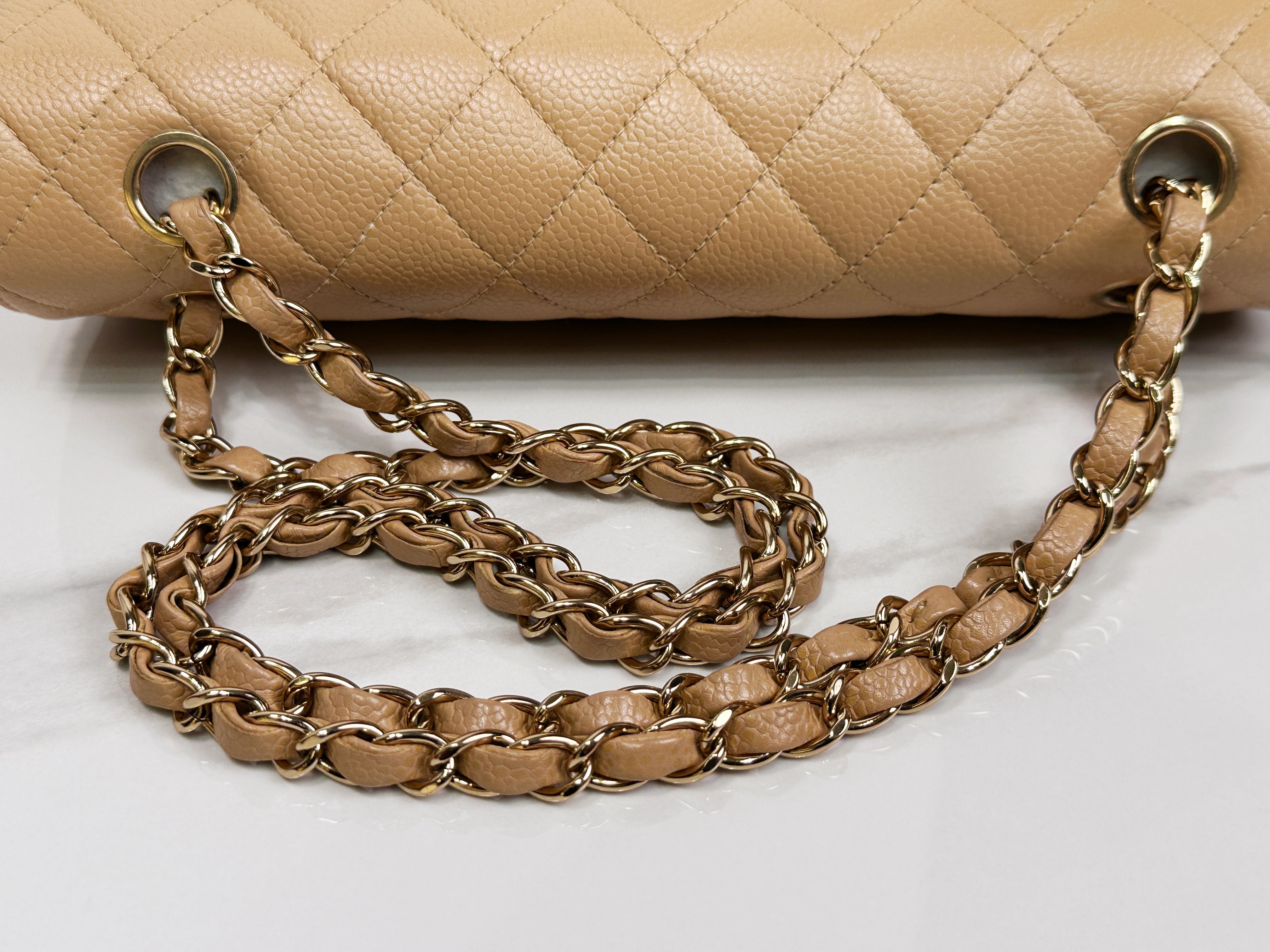 Preloved Authentic Chanel Vintage 24kGold Medium Caviar Quilted Double Flap Beige Bag