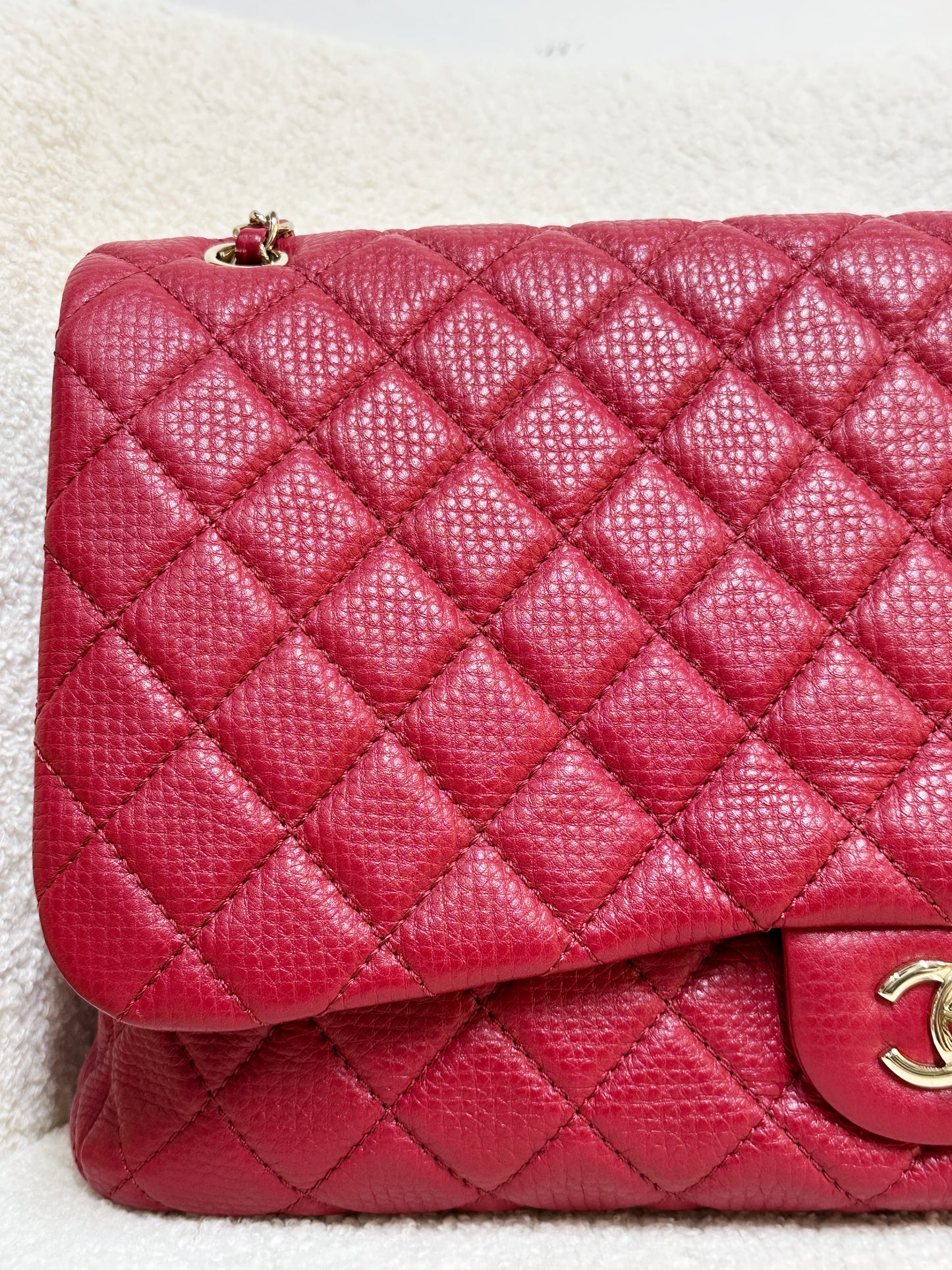 Chanel Red Grained Calfskin XL Small Travel Flap Bag Light Gold Hardware