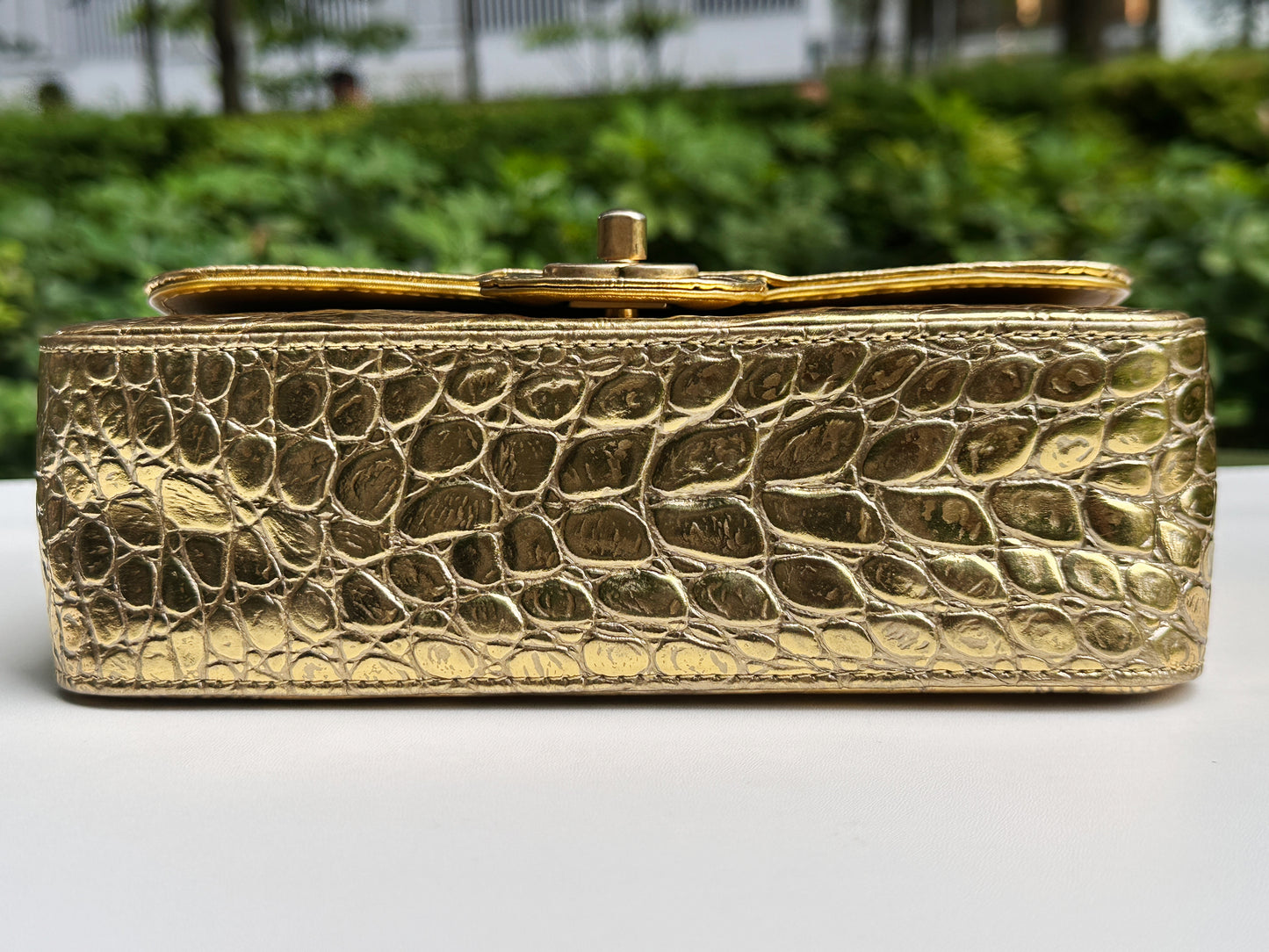 Chanel Mini Calfskin Crocodile Embossed Rectangular Gold Metallic Flap Bag 2803 holo card