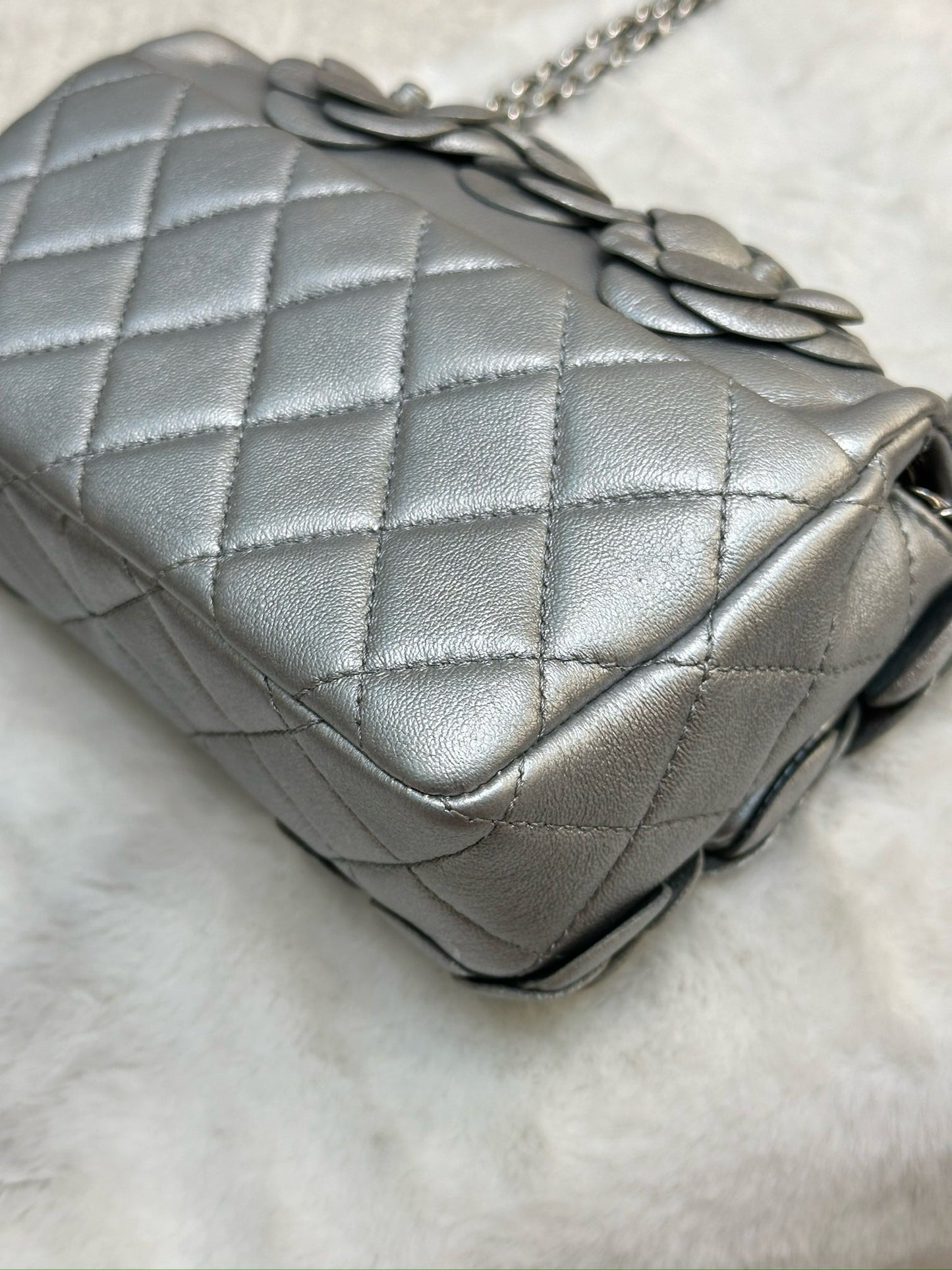 Chanel Mini Camellia Lambskin Shiny Silver SHW