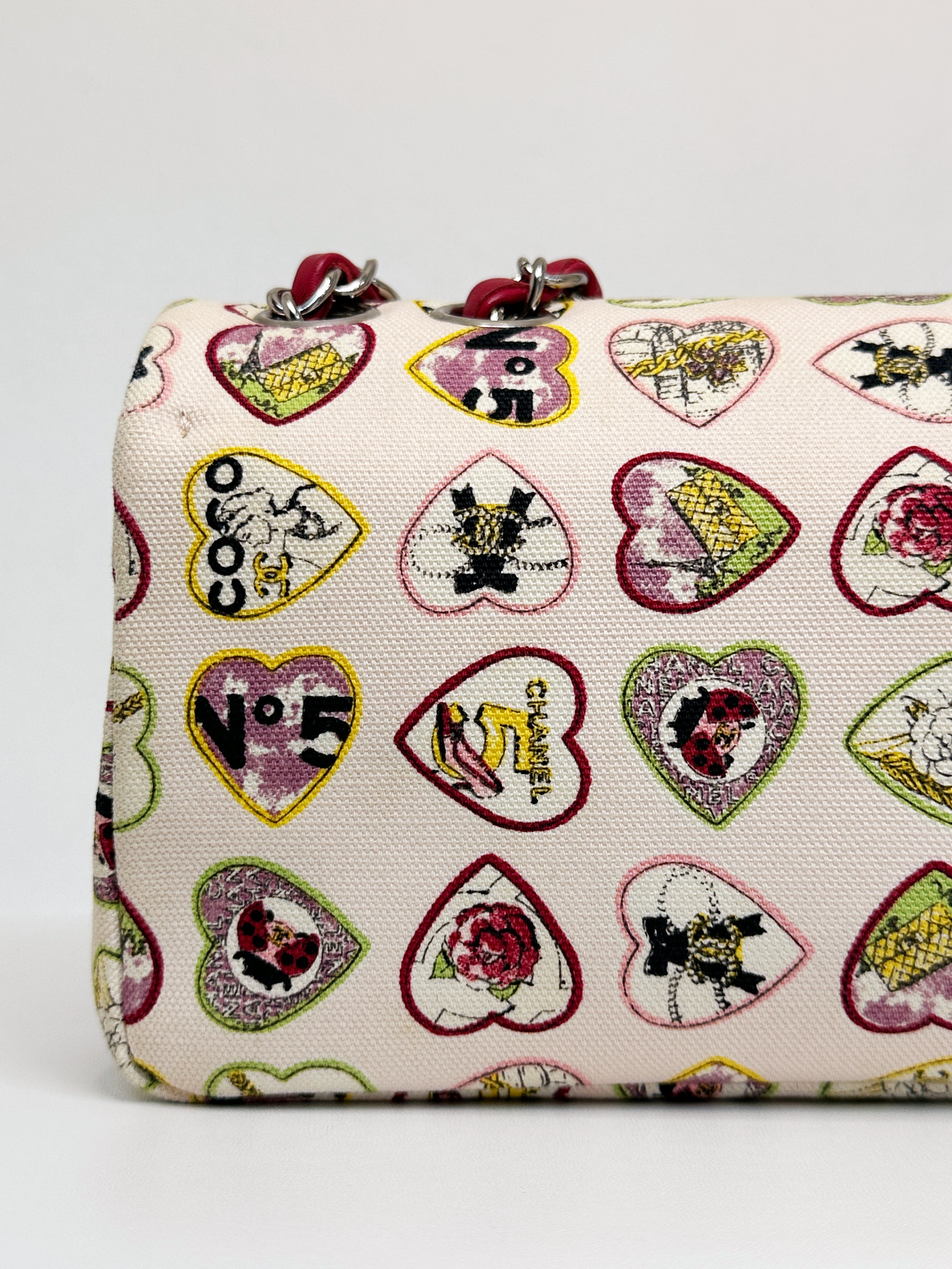 Chanel Valentine Coco Heart Motif Printed Pink Canvas East West Flap Bag 1064 holo