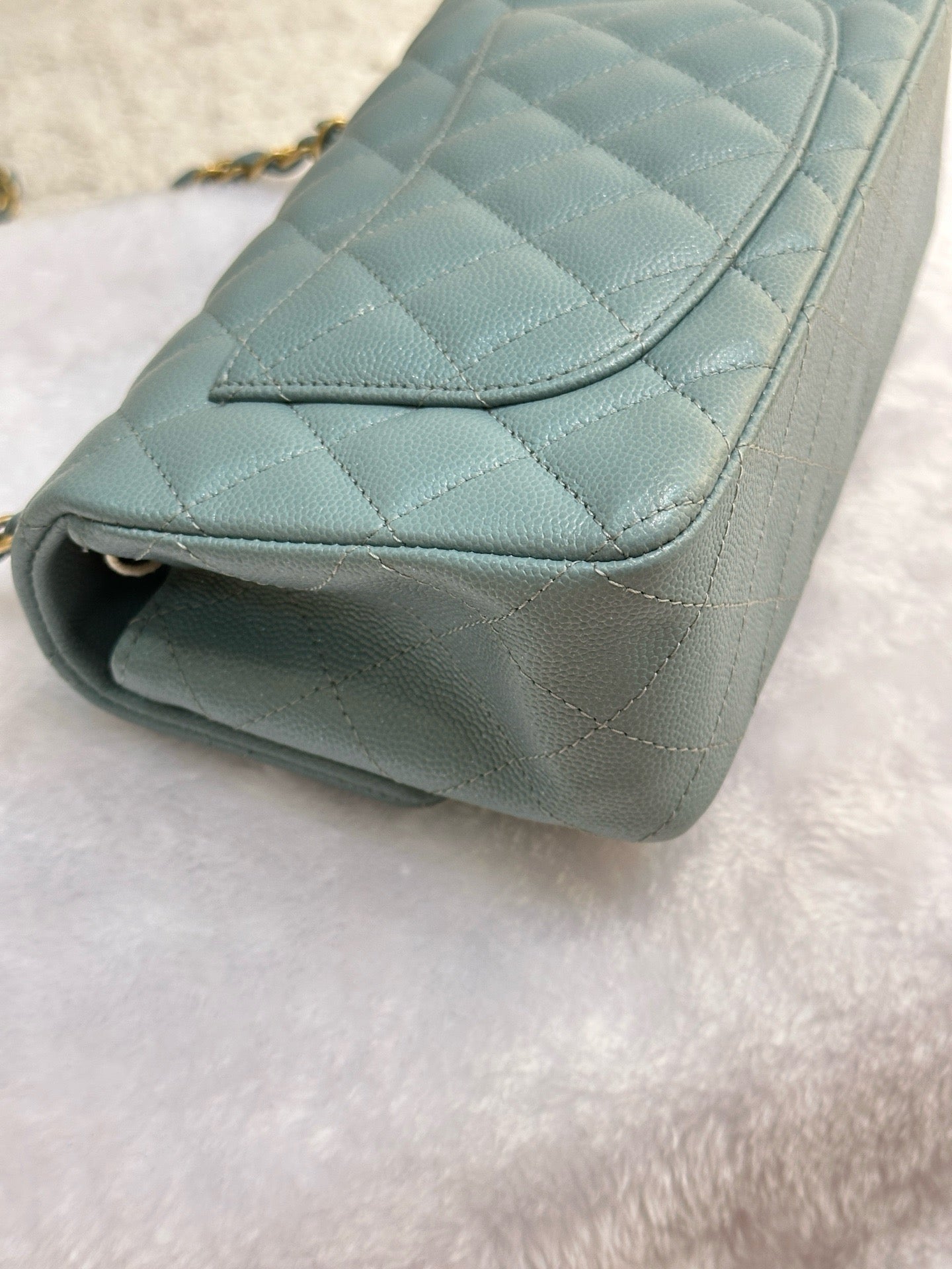 CHANEL Iridescent Caviar Quilted Mini Rectangular Flap Light Blue 18C