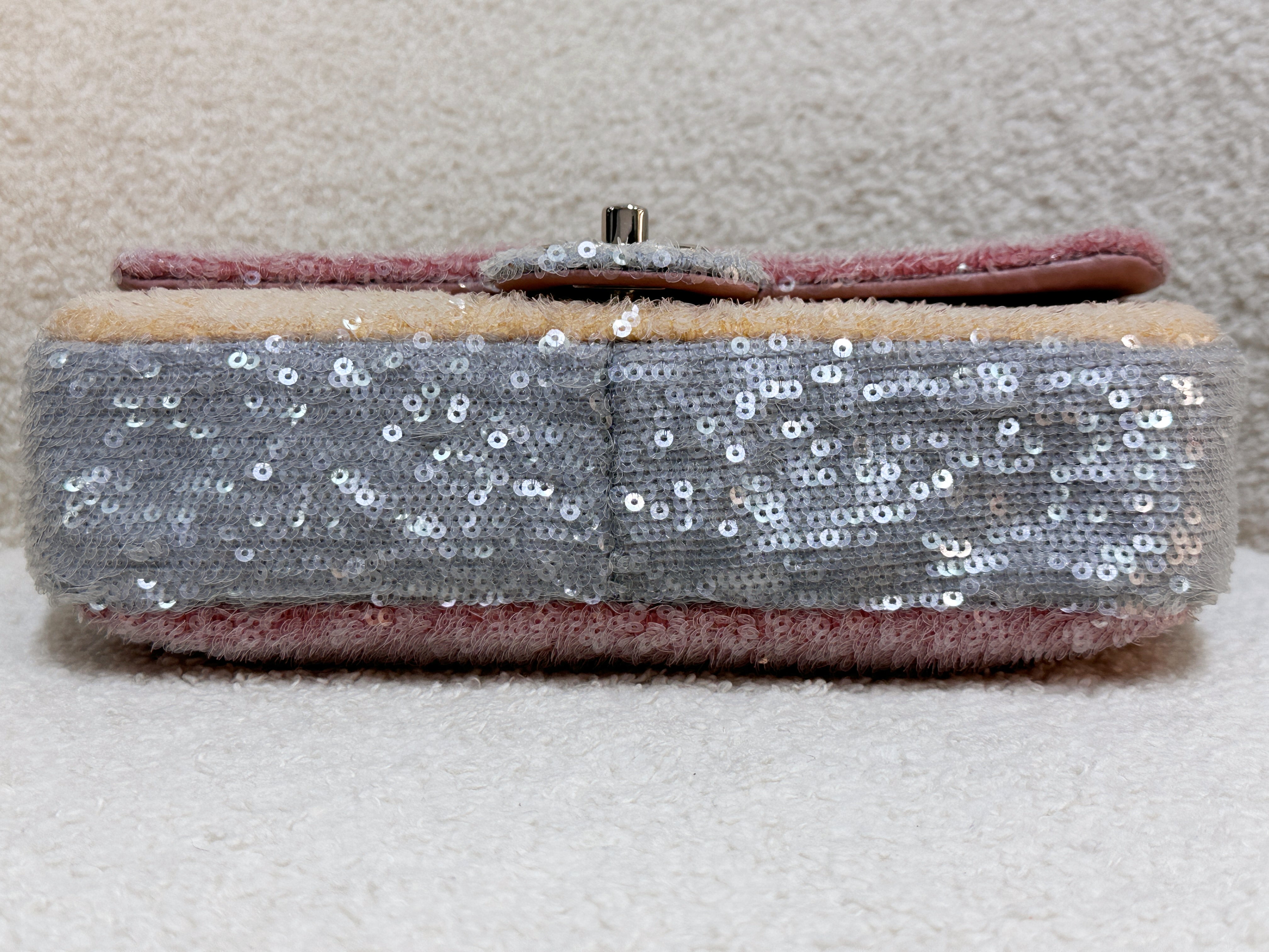 Chanel 18S Sequin Mini Waterfall Flap Pink Blue Yellow 2557 holo card