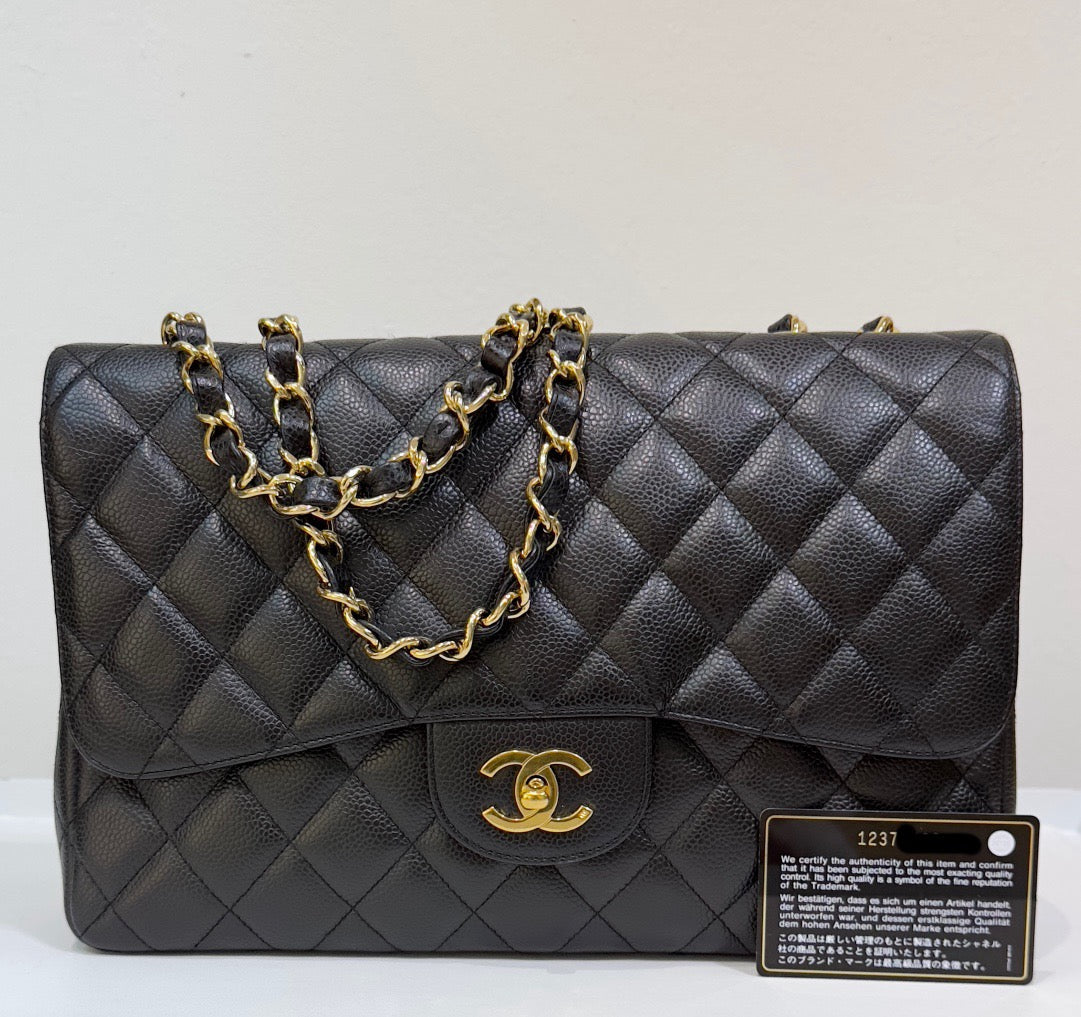 Chanel Classic Jumbo Single Flap Caviar Leather Black 1237 holo card GHW