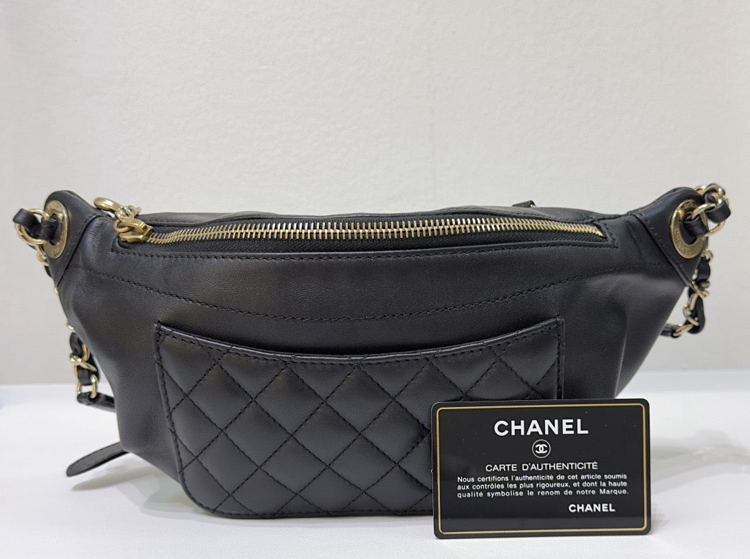 Chanel Lambskin Quilted Waist Bag Fanny Pack Black GHW