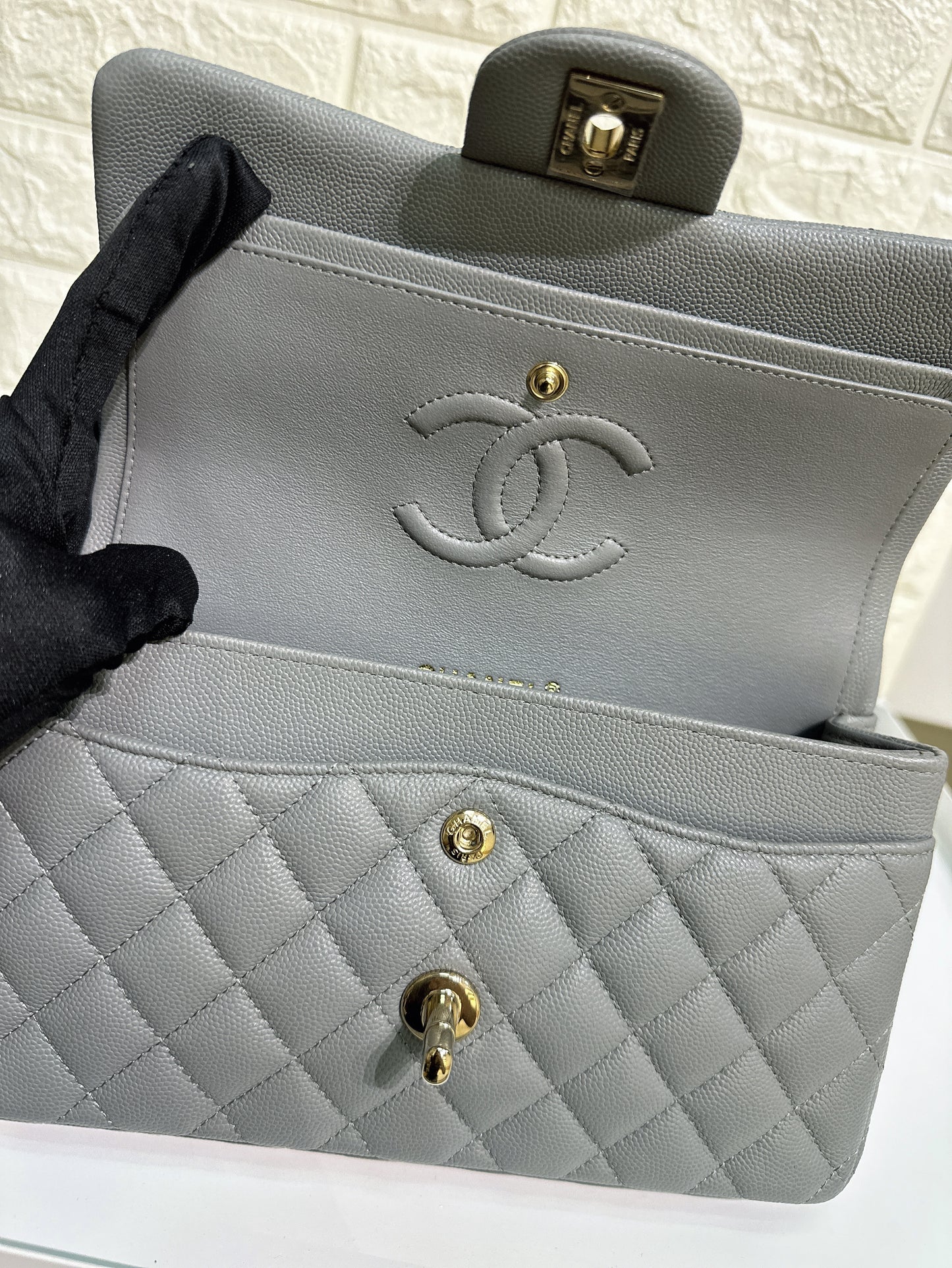 CHANEL Caviar Quilted Small Classic Double Flap Grey