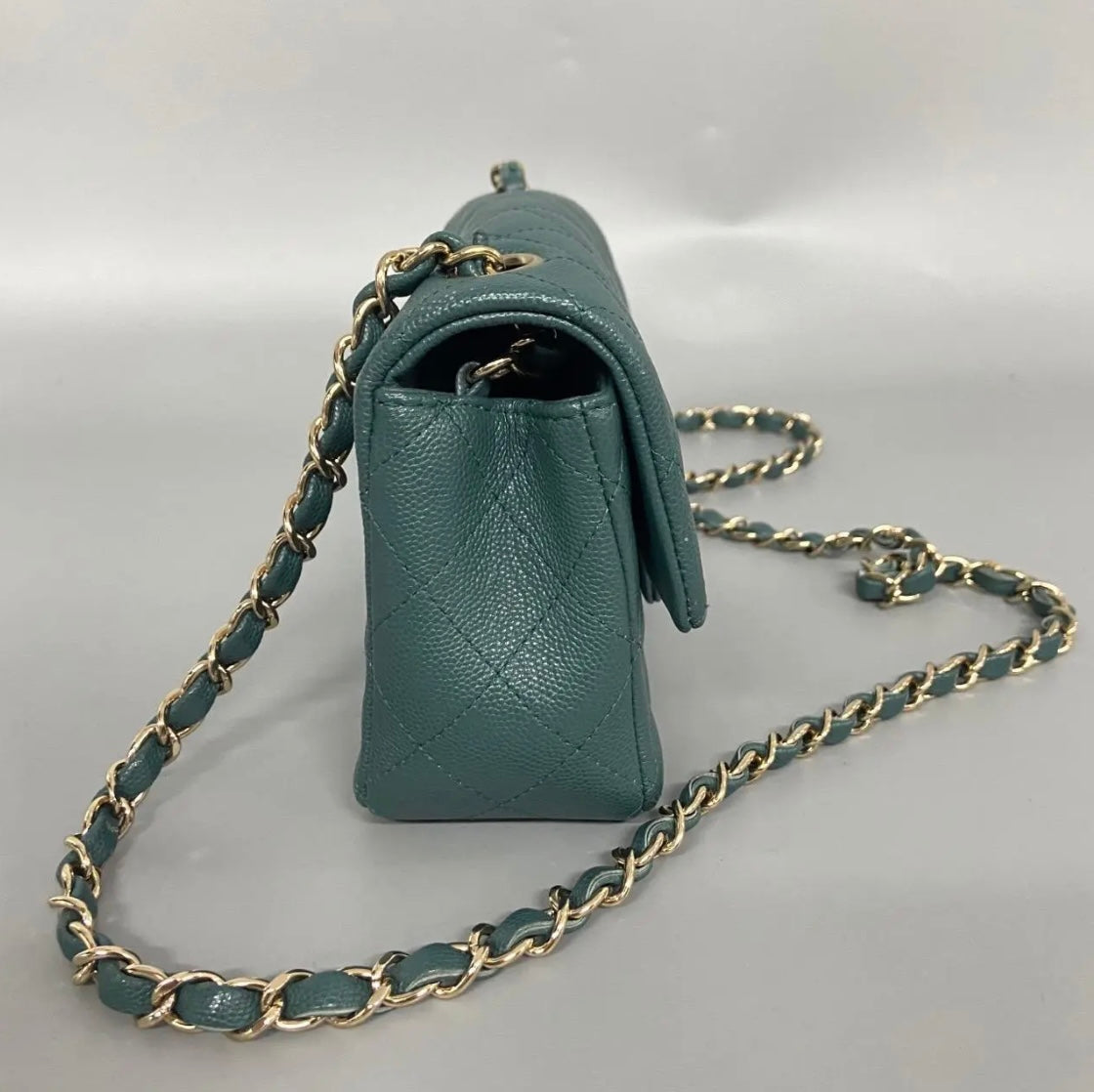 Chanel Mini Rectangle, 17B Dark Turquoise Green Caviar Leather with Shiny Gold Hardware