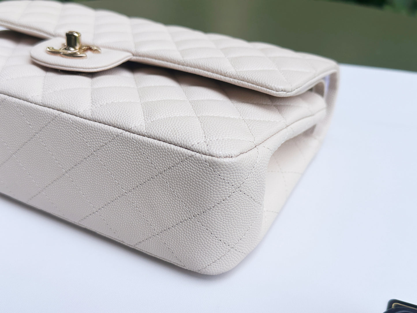 Chanel Medium Caviar Classic Quilted Double Flap Ivory Light Beige Bag LGHW